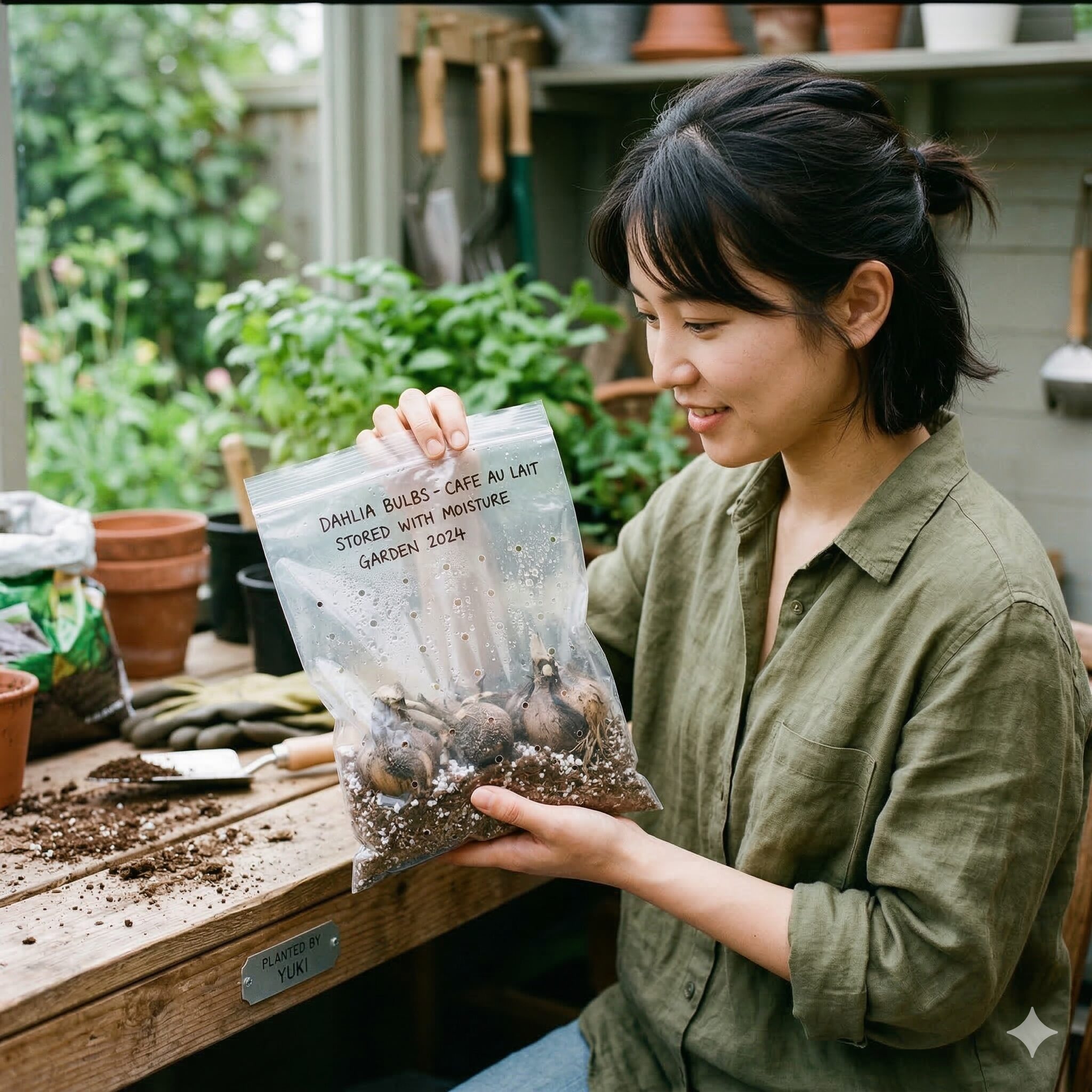 ダリア 鉢植え 冬越し7 乾燥によるミイラ化を防ぐために穴あきポリ袋に入れて管理されるダリアの球根