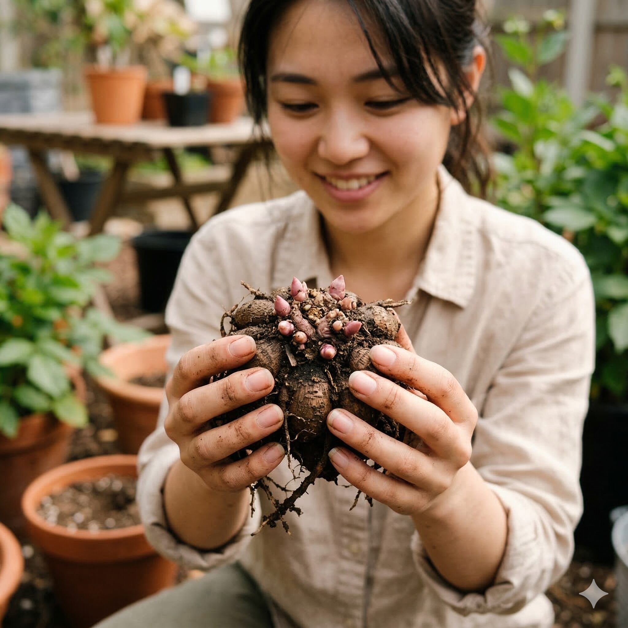 ダリア 鉢植え 冬越し9 ダリアの球根のクラウン部分に見える小さなピンク色の発芽点のクローズアップ
