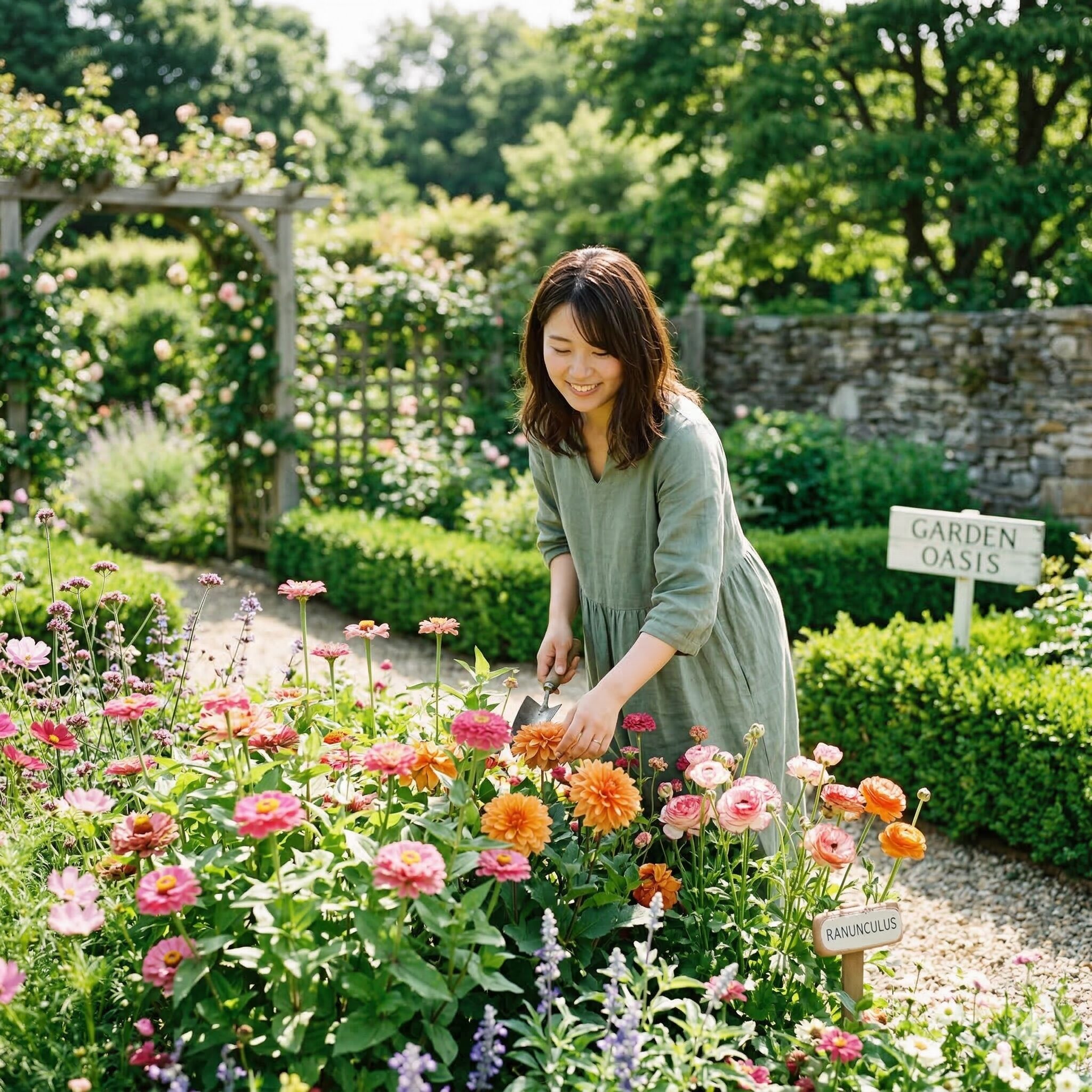 ダリアに似た花1　ダリアに似た花が咲き誇る美しいナチュラルガーデンの風景