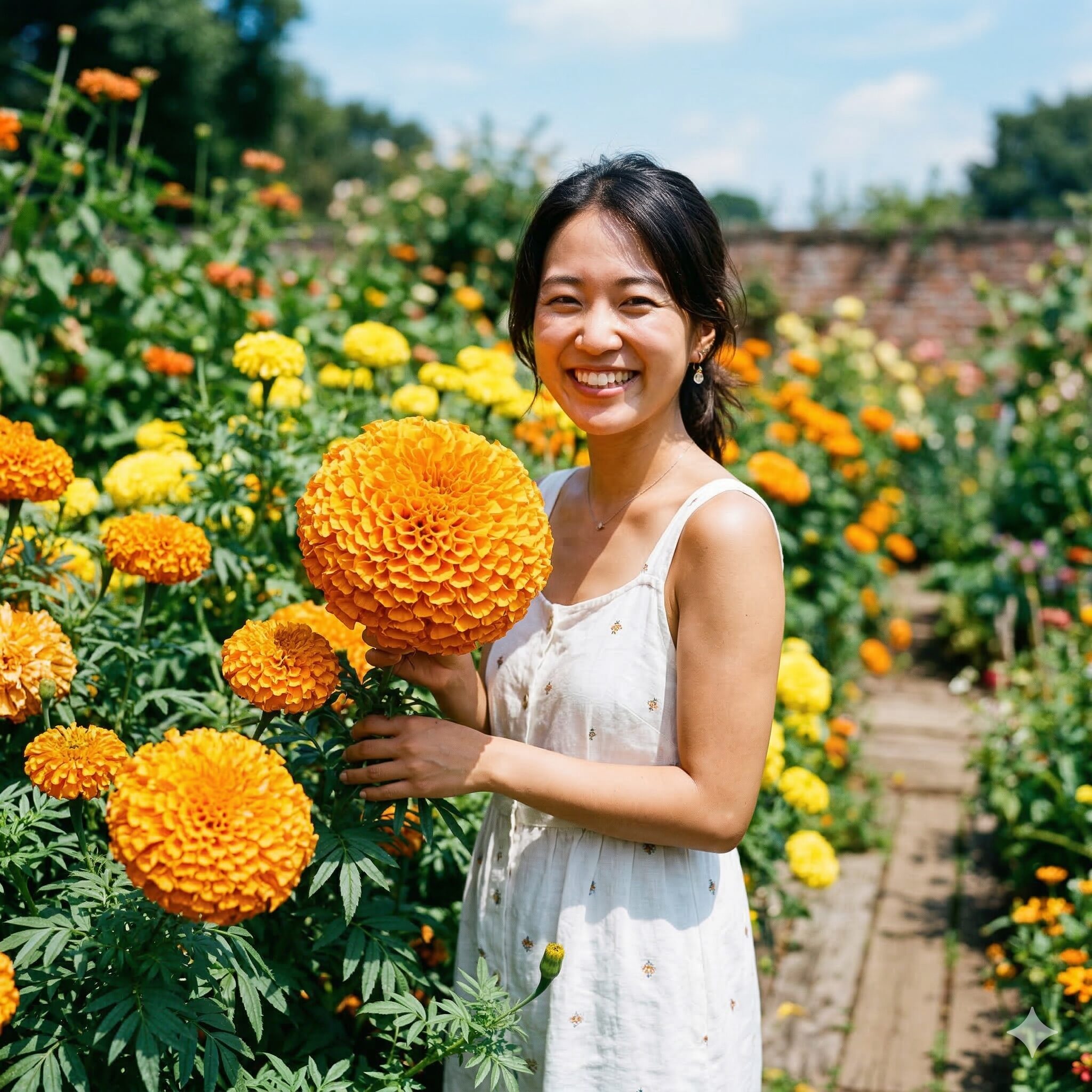 ダリアに似た花10　ダリアのボール咲きに似た大輪のアフリカン・マリーゴールドが咲く夏の花壇