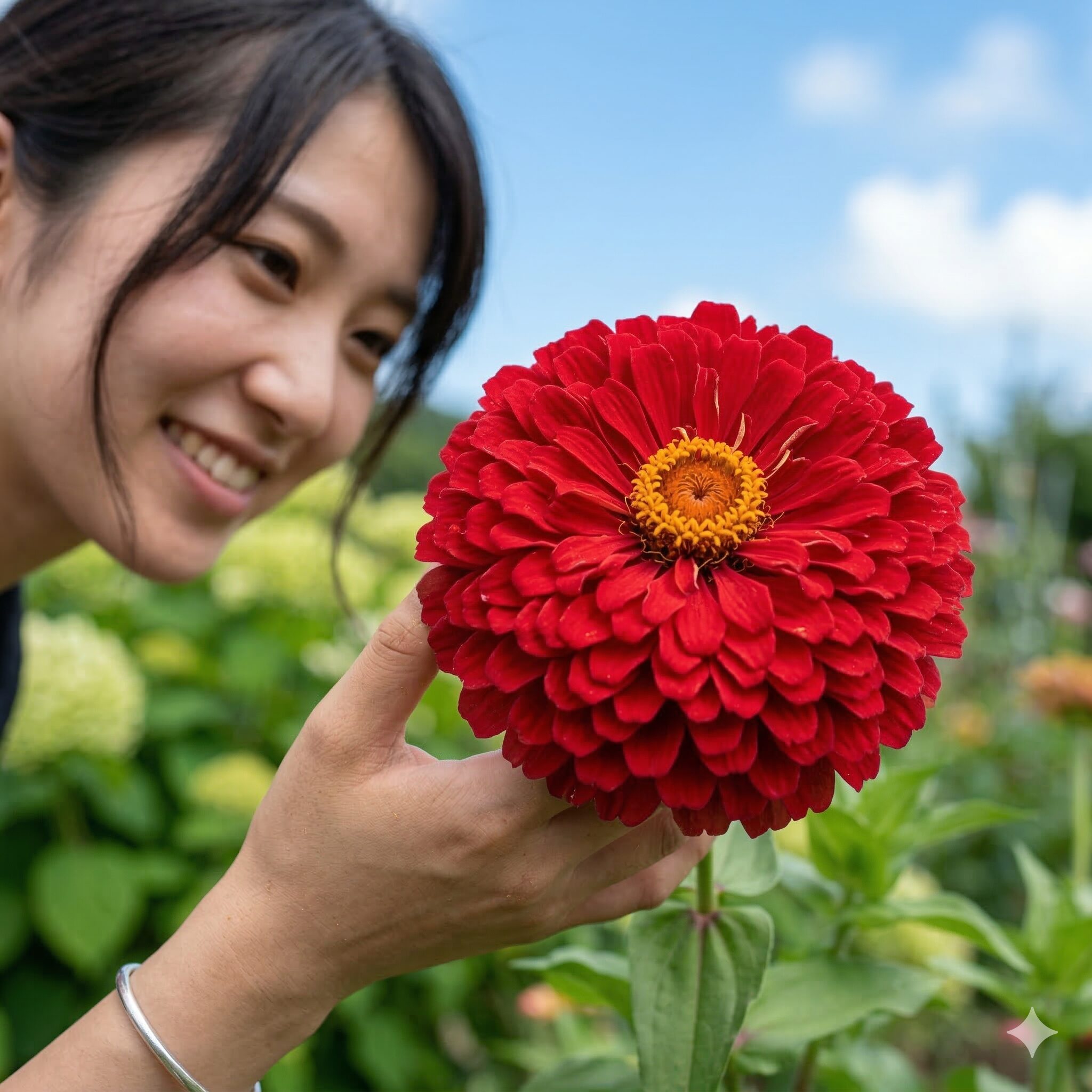 ダリアに似た花2　ダリアのようなボリューム感がある真っ赤なダリア咲きジニアのアップ