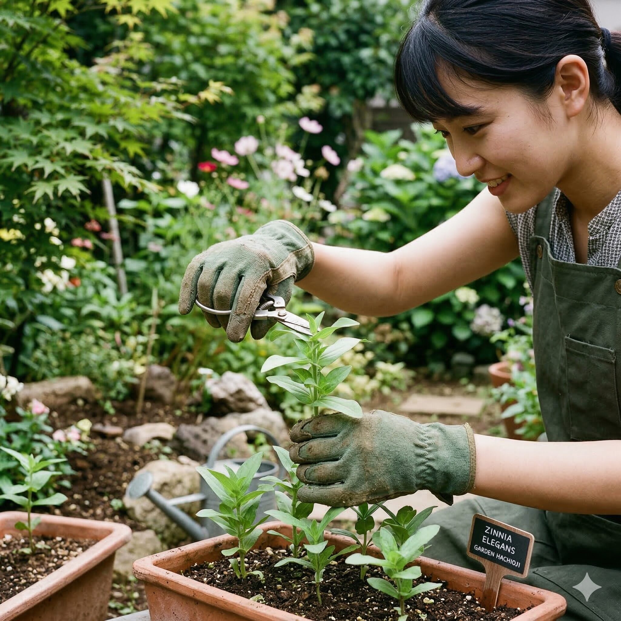 ダリアに似た花3　ジニアの花数を増やすために茎の先端をカットする摘芯（ピンチ）の作業風景