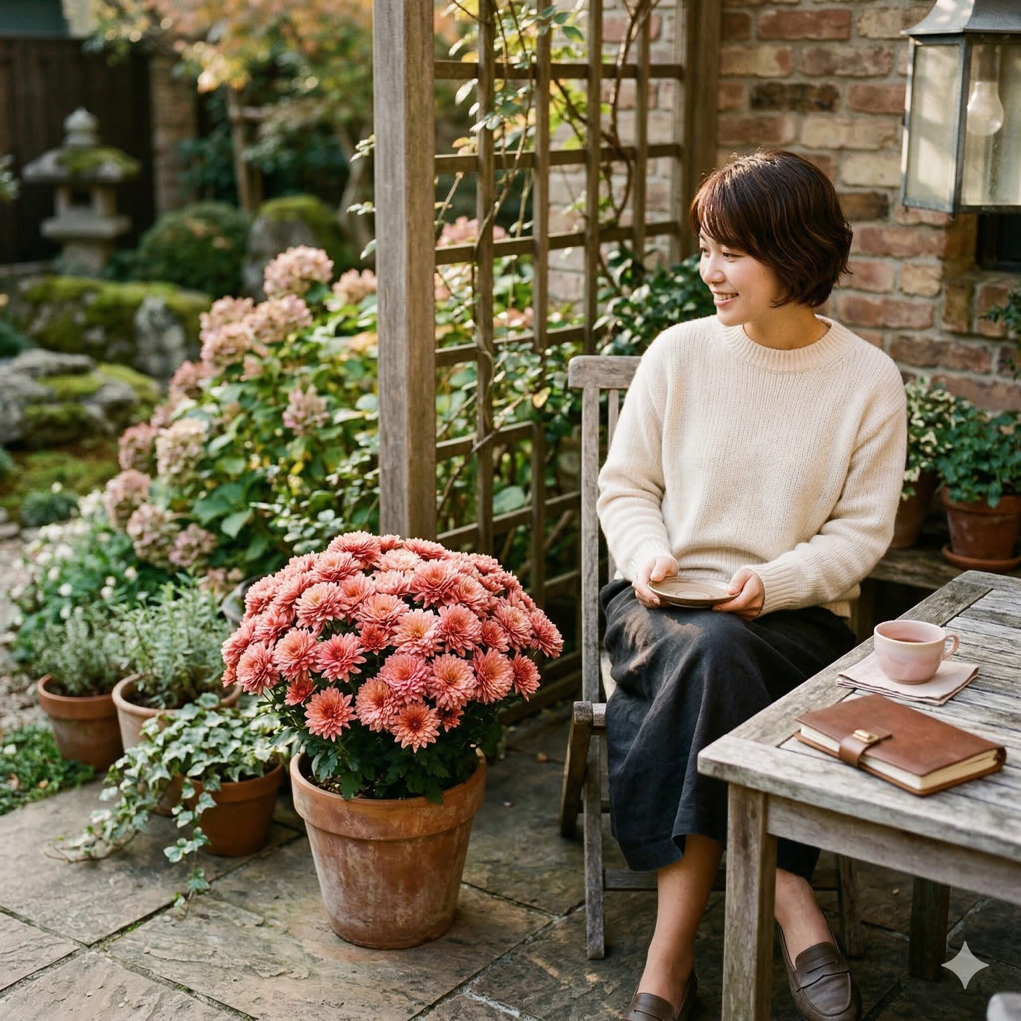 ダリアに似た花4　ダリアに似た華やかな花姿を持つアンティークカラーの洋菊（ポットマム）の鉢植え