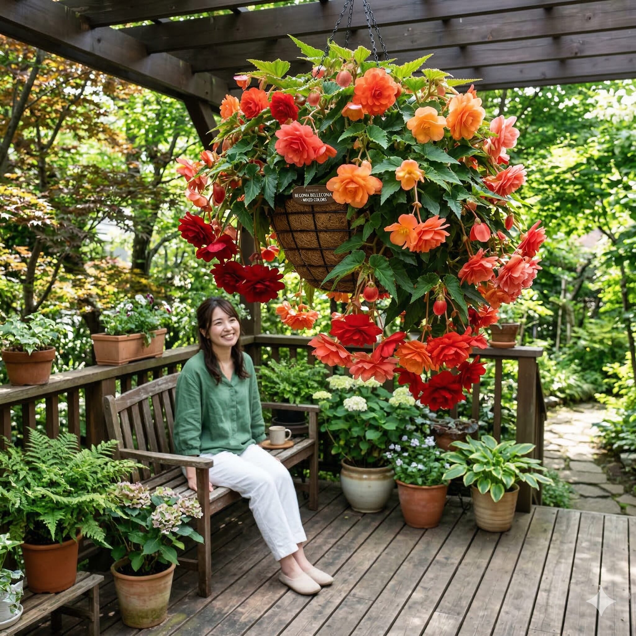 ダリアに似た花6　日陰でもダリアのような豪華な花を咲かせる球根ベゴニアのハンギングバスケット