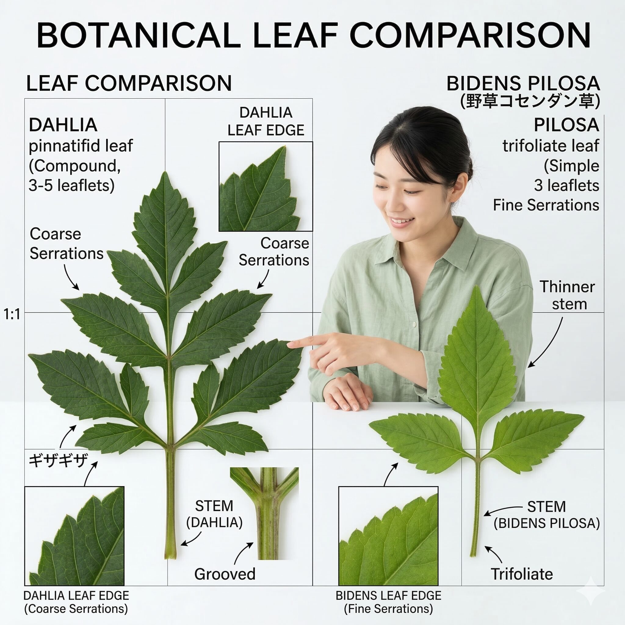 ダリアに似た花7　ダリアの葉と間違えやすい野草コセンダン草の葉の形状比較