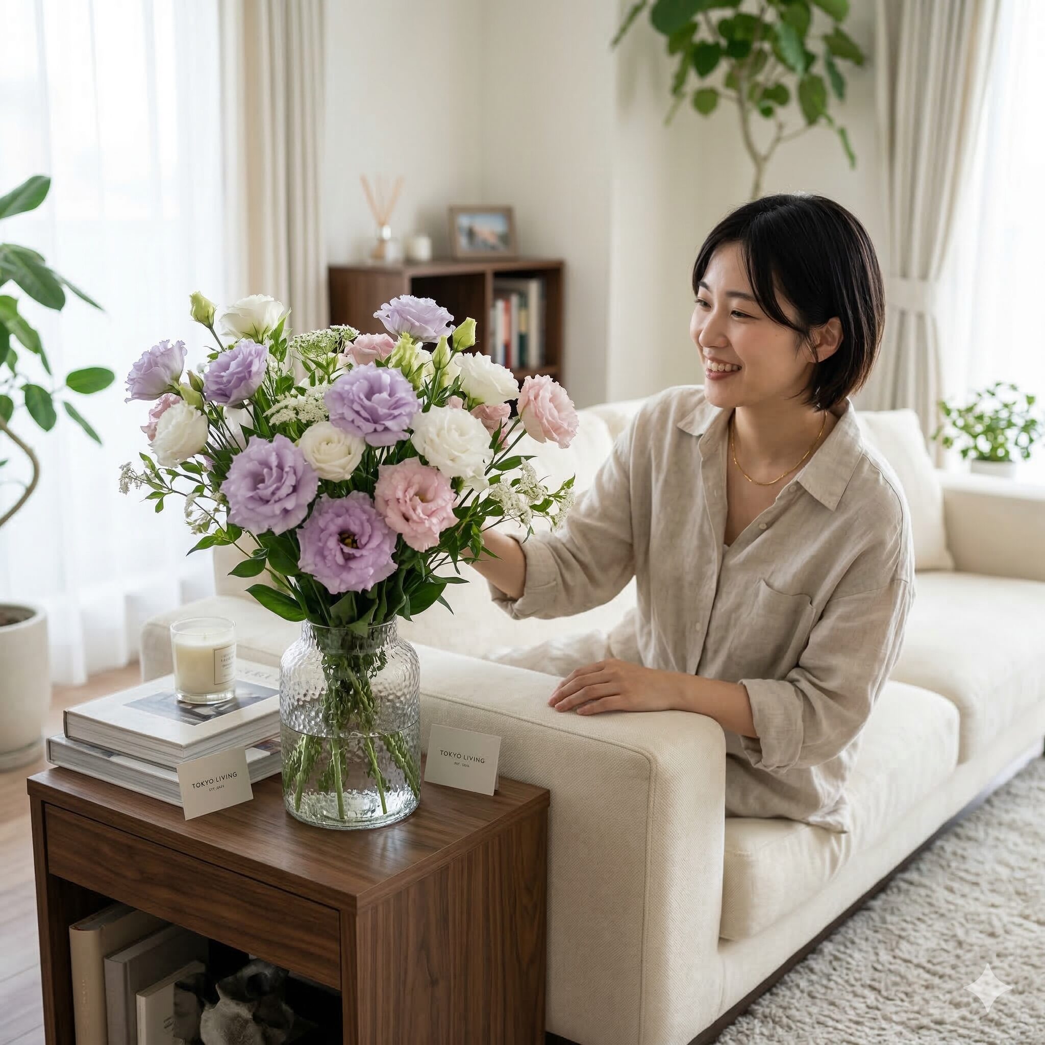 ダリアに似た花9　ダリアの代用として室内で長く楽しめる八重咲きトルコキキョウの切り花アレンジ