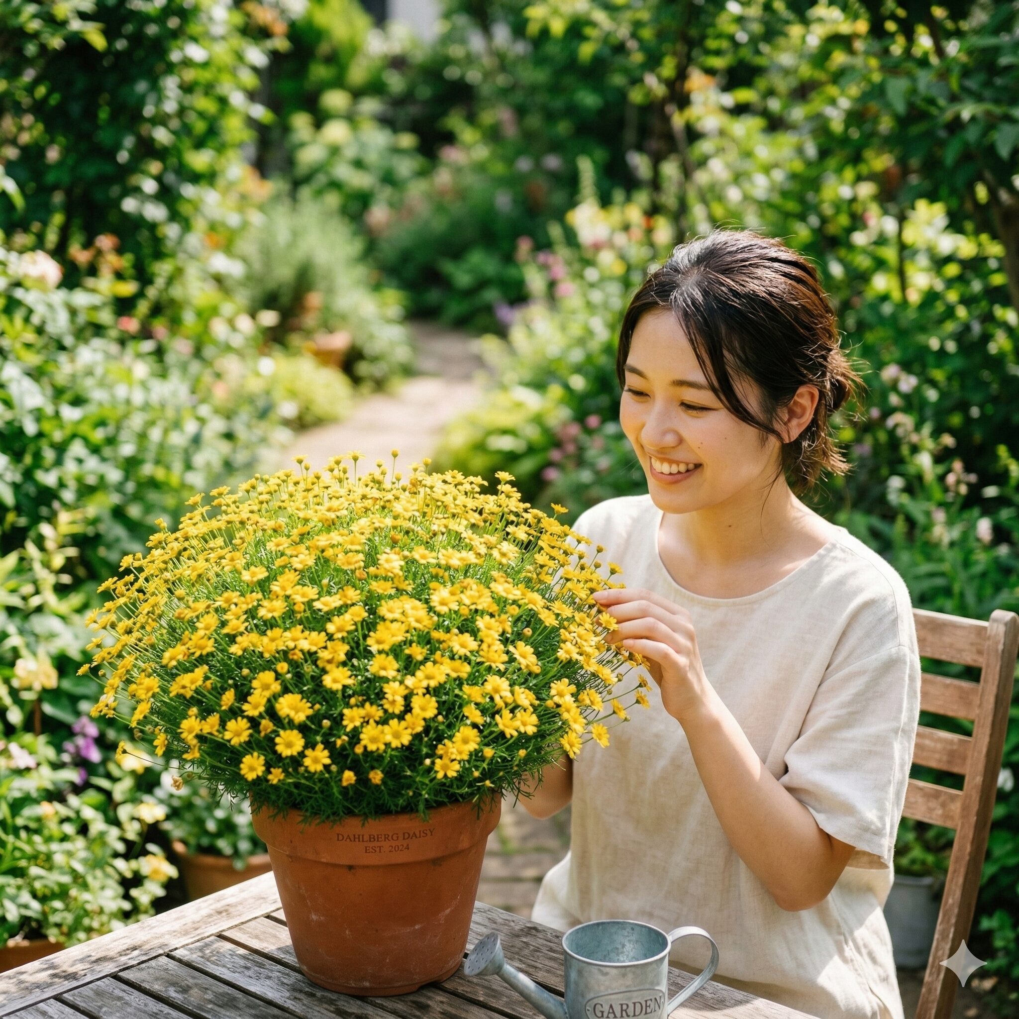 ダール ベルグ デージー 枯れ たら1　満開の黄金色の花を咲かせた健康なダールベルグデージーの鉢植え