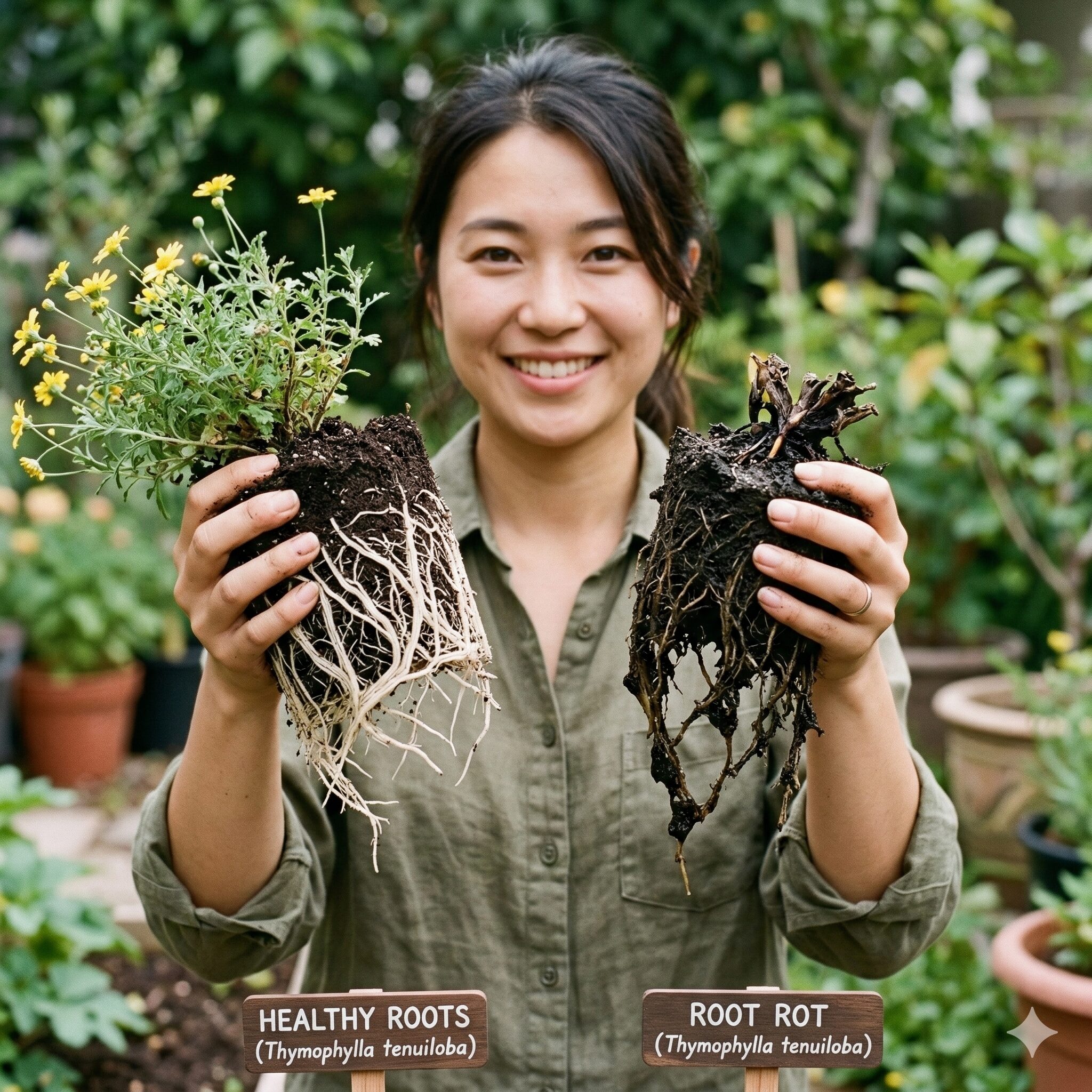 ダール ベルグ デージー 枯れ たら2　ダールベルグデージーの健康な白い根と根腐れで黒ずんだ根の比較