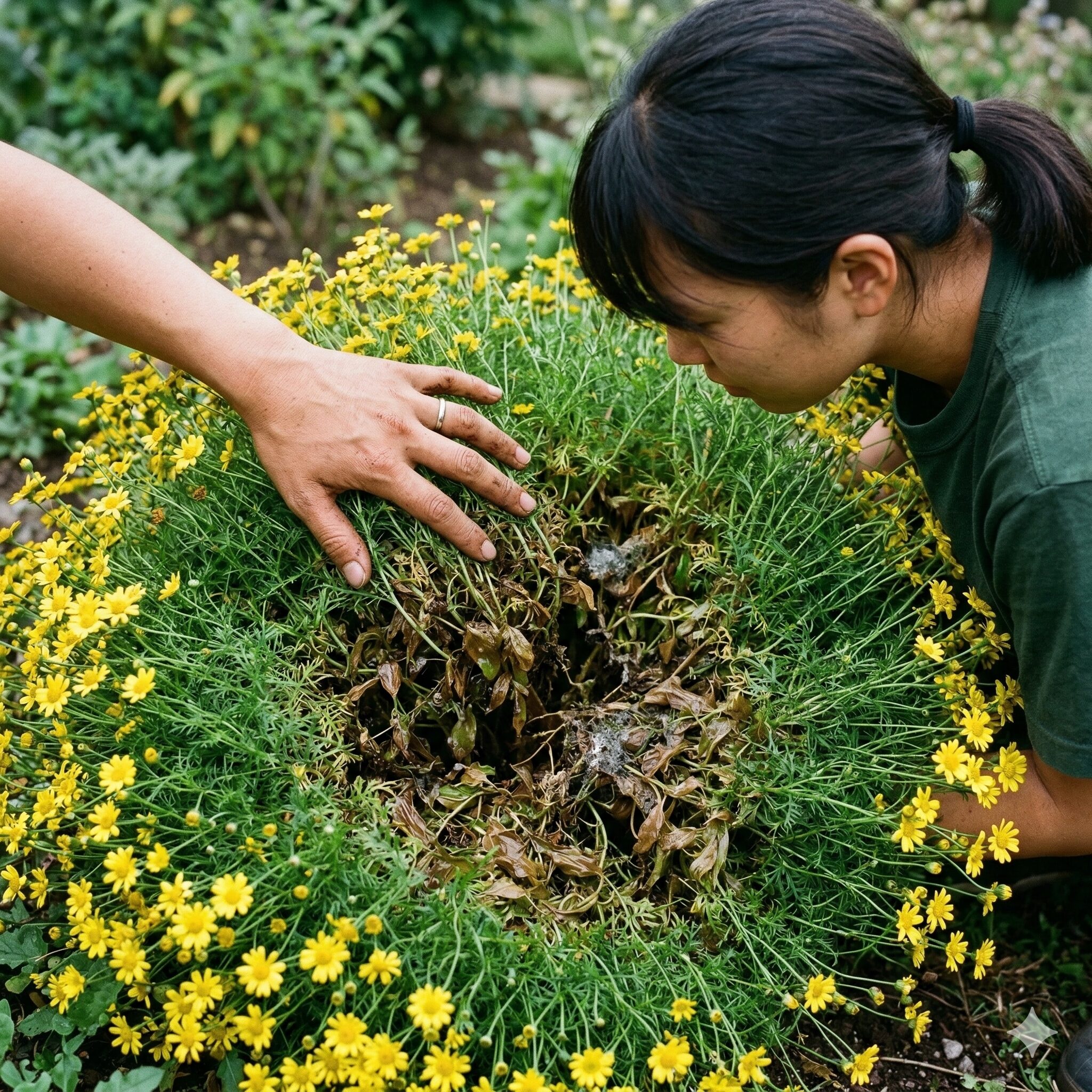 ダール ベルグ デージー 枯れ たら3　高温多湿により株の中心部が蒸れて茶色く変色したダールベルグデージー