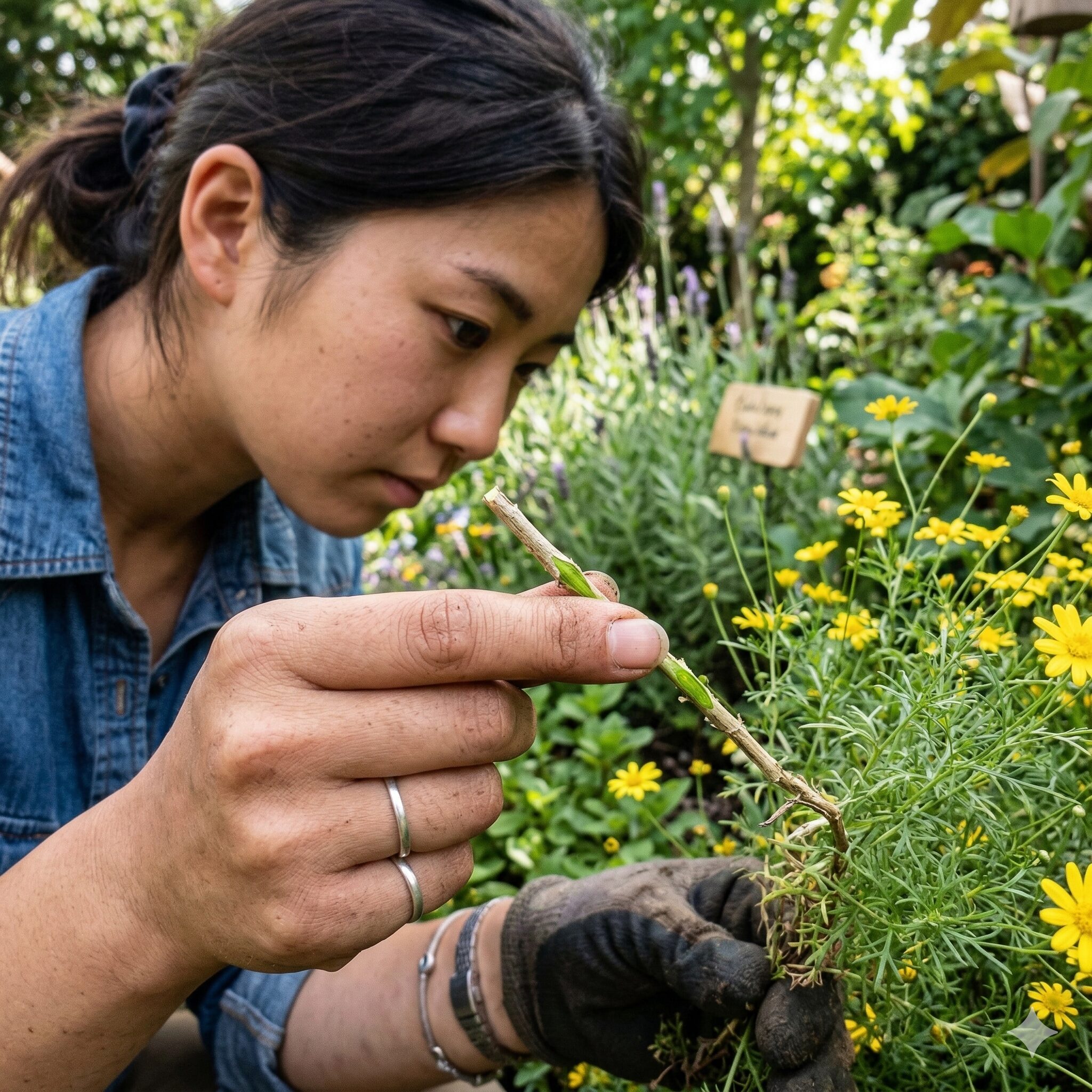 ダール ベルグ デージー 枯れ たら7　復活の可能性を診断するために茎の表面を削り内部の緑色を確認する様子