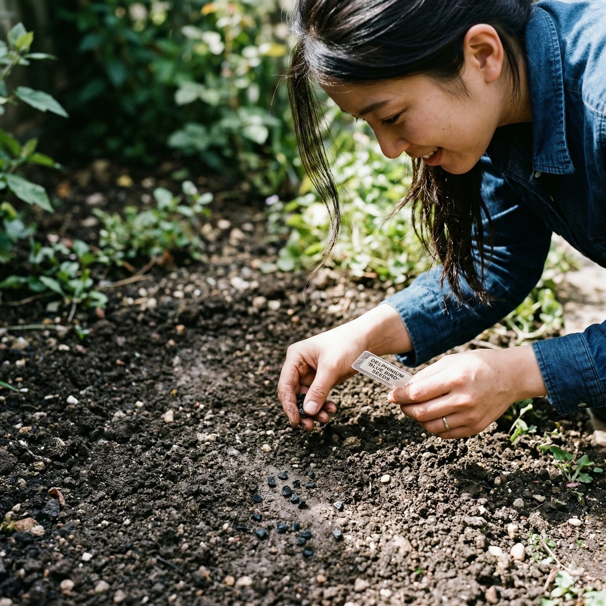 デルフィニウム こぼれ種 で増える2 茶色い土の上に落ちたデルフィニウムの小さな黒い種