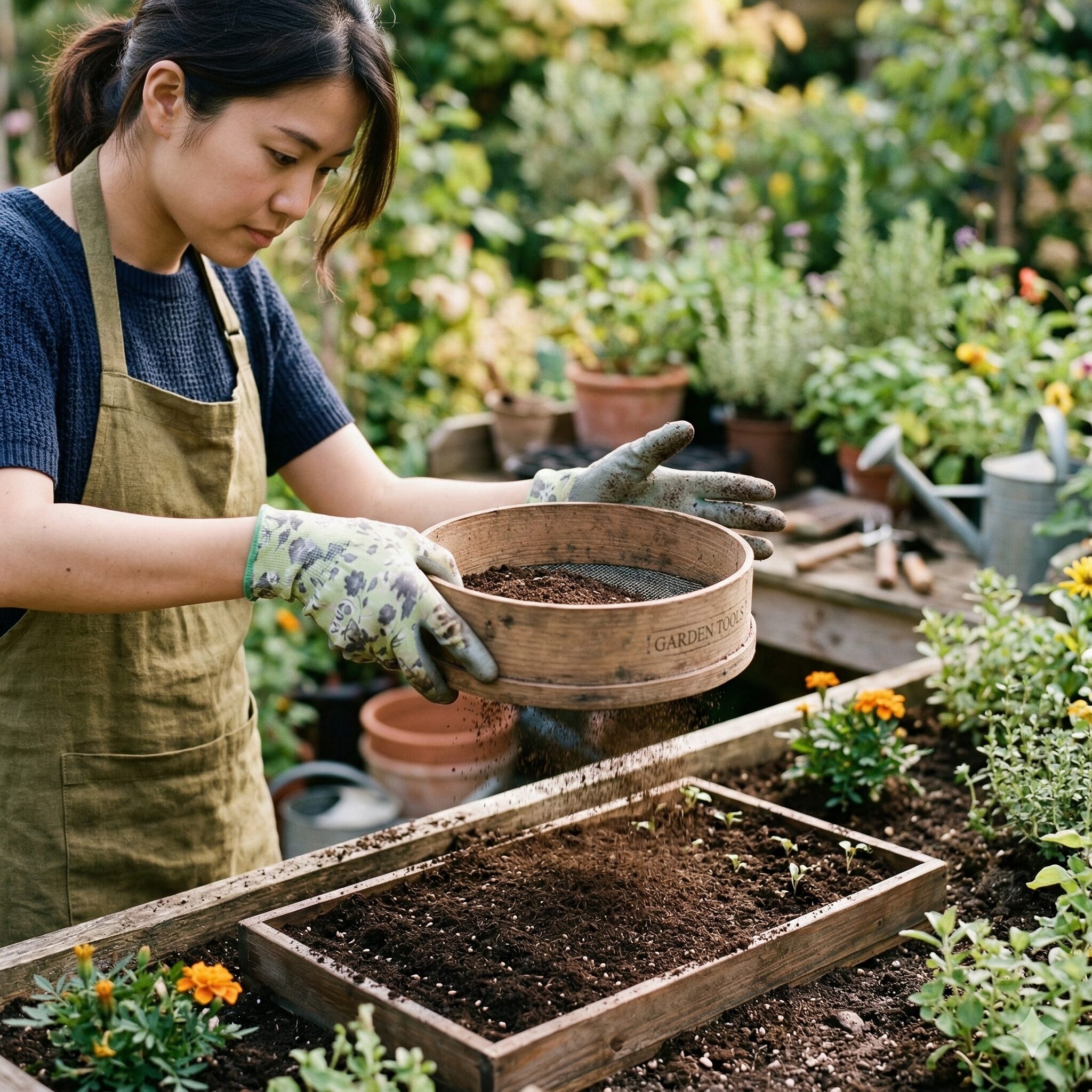 デルフィニウム こぼれ種 で増える3 園芸用ふるいを使ってデルフィニウムの種に覆土をする様子