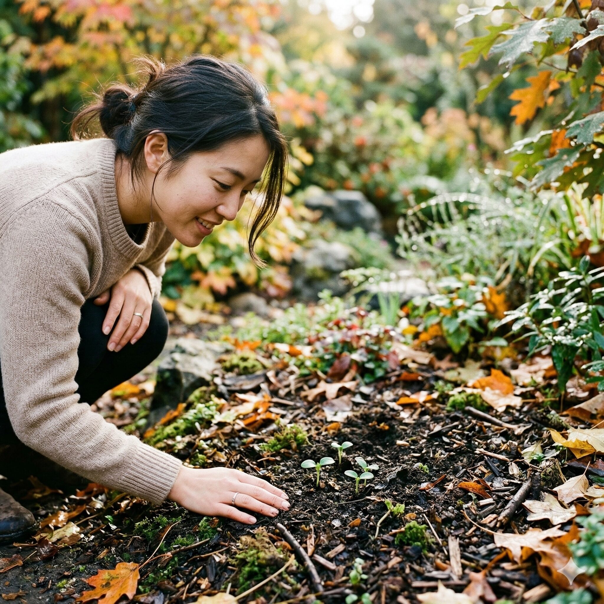 デルフィニウム こぼれ種 で増える4 秋の爽やかな朝に芽吹いたデルフィニウムのこぼれ種の幼苗