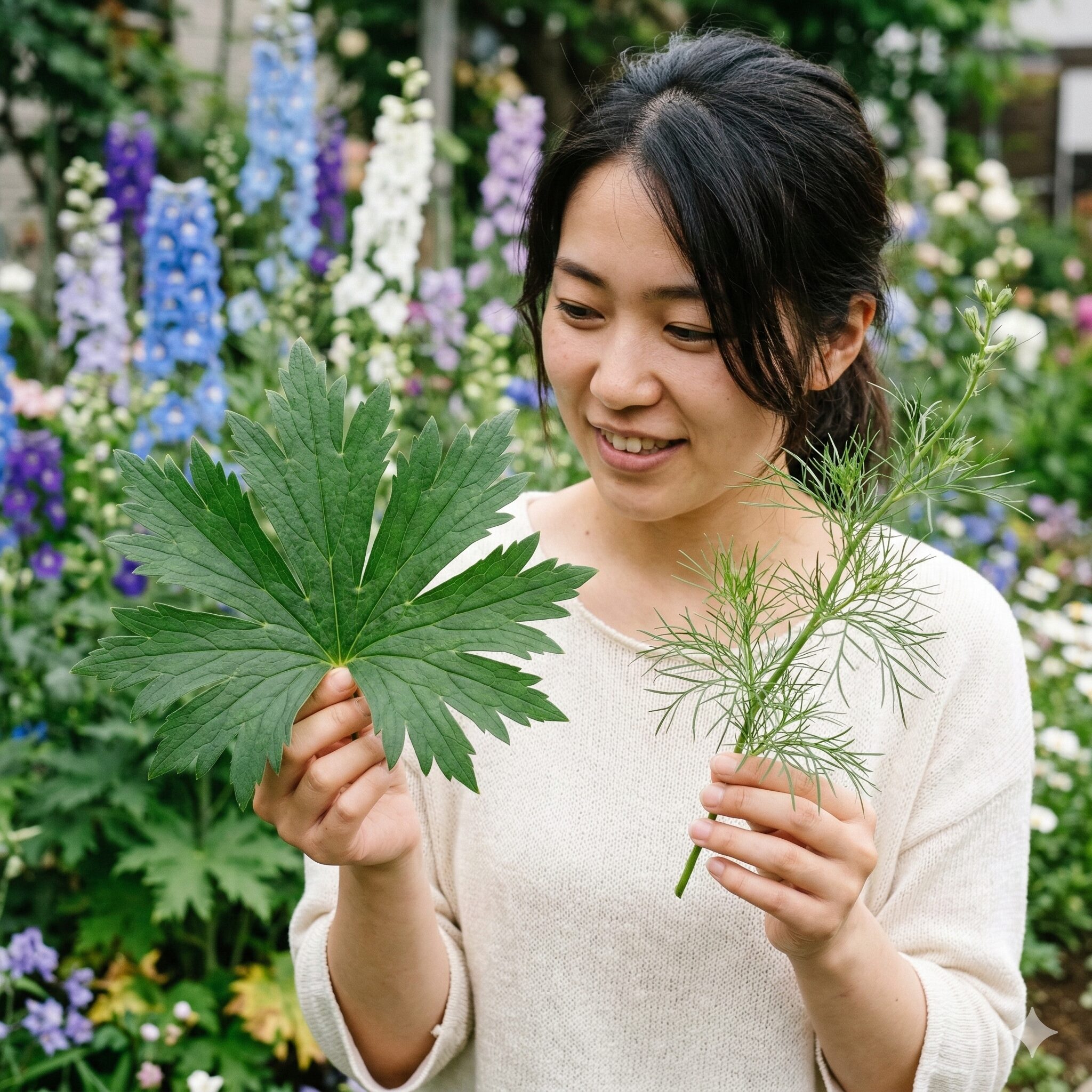 デルフィニウム こぼれ種 で増える7 デルフィニウム(左)と千鳥草(右)の葉の形の違いの比較