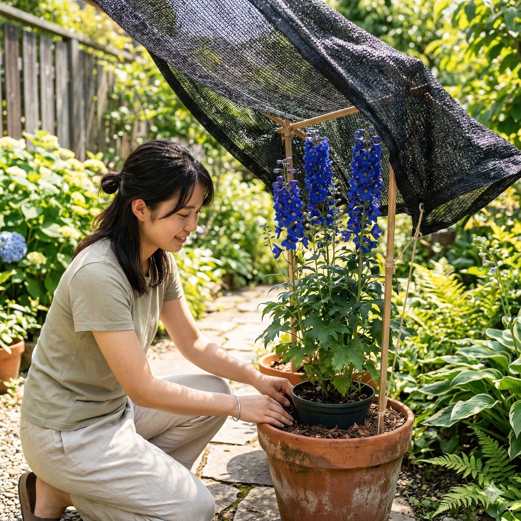 デルフィニウム こぼれ種 で増える9 暑い夏の庭で遮光ネットと二重鉢で夏越しをするデルフィニウム