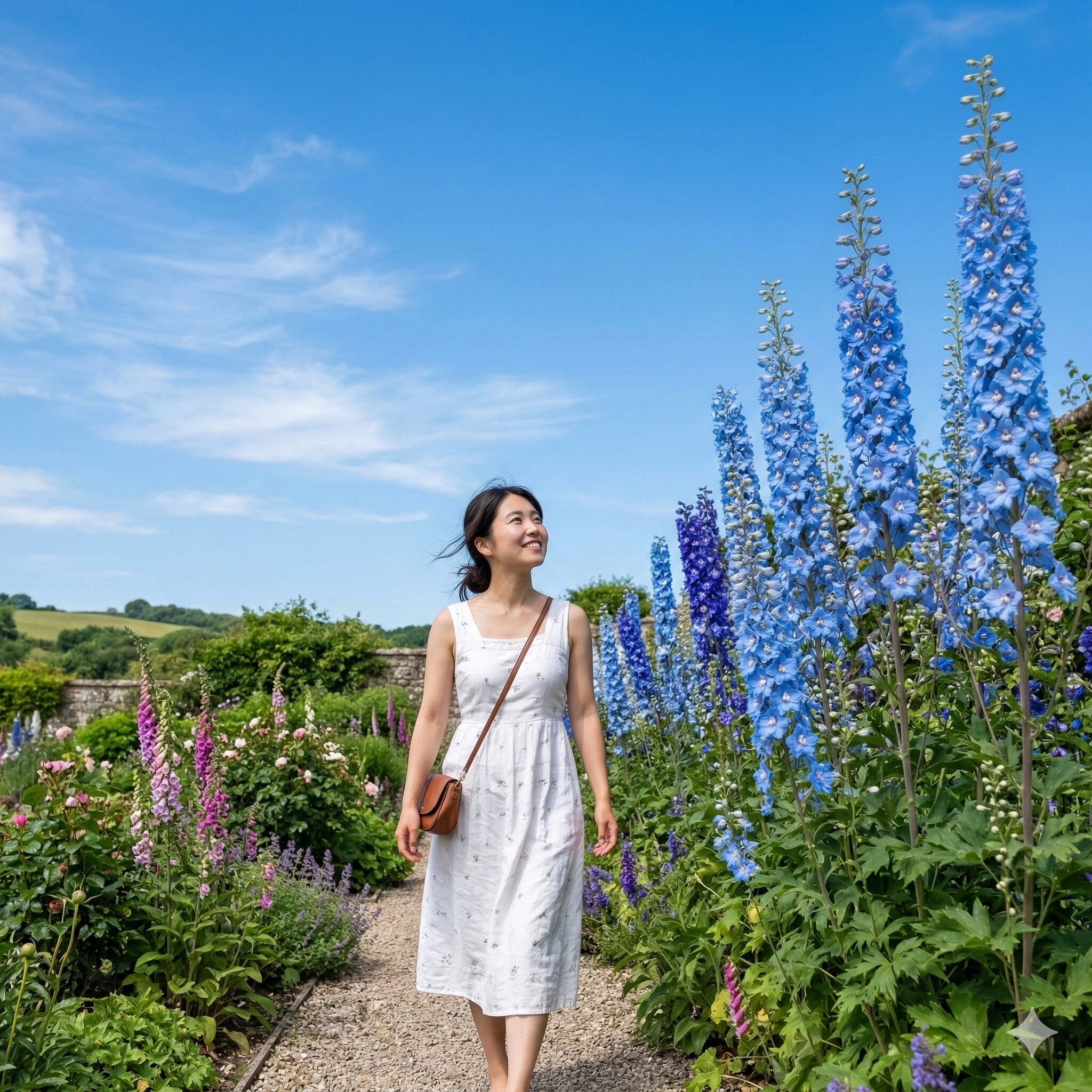 デルフィニウム に似た花1　青空に向かって咲くデルフィニウム（エラータム系）の美しい花穂と初夏の庭園風景