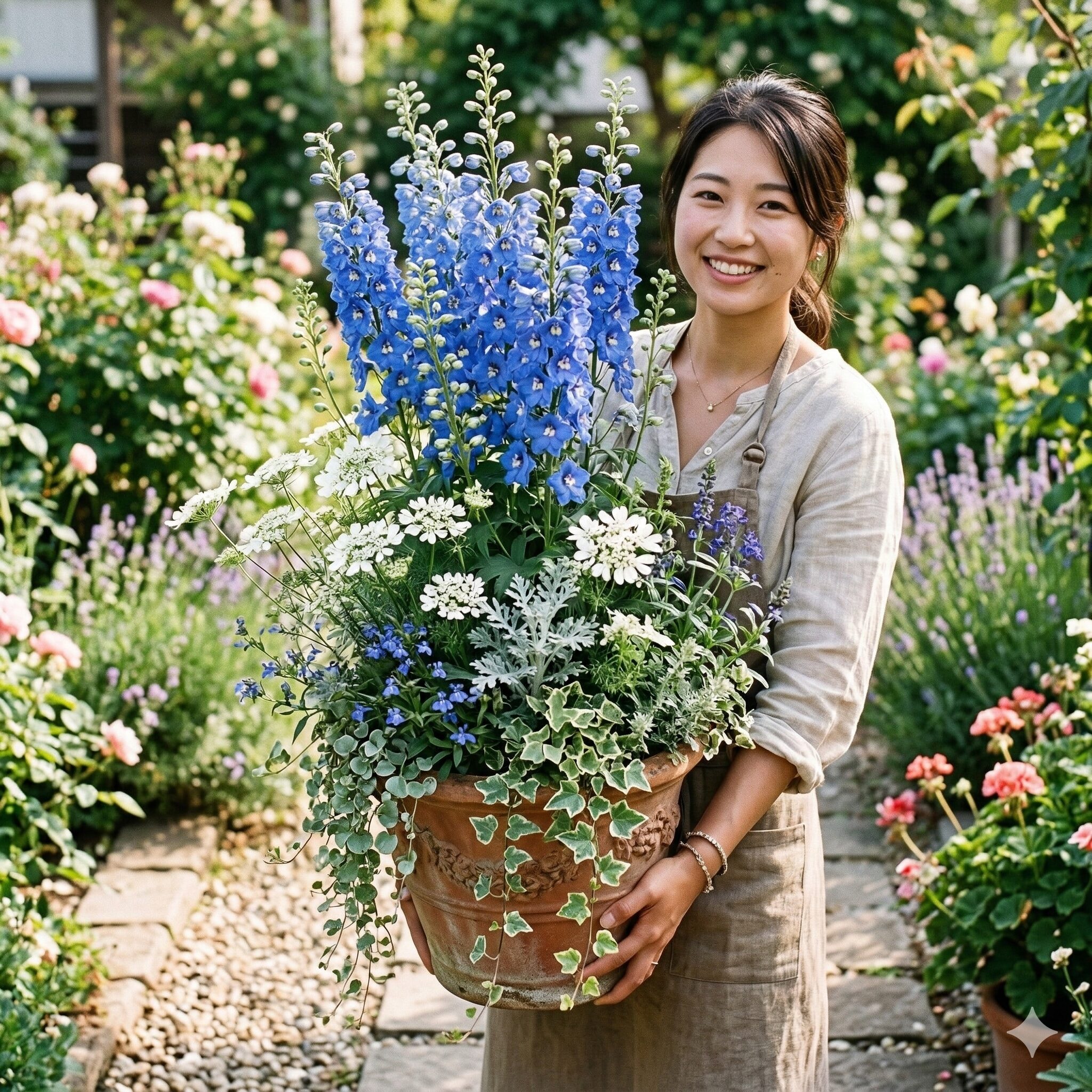 デルフィニウム に似た花10　青いデルフィニウムと白い小花、シルバーリーフを組み合わせた立体感のある寄せ植え