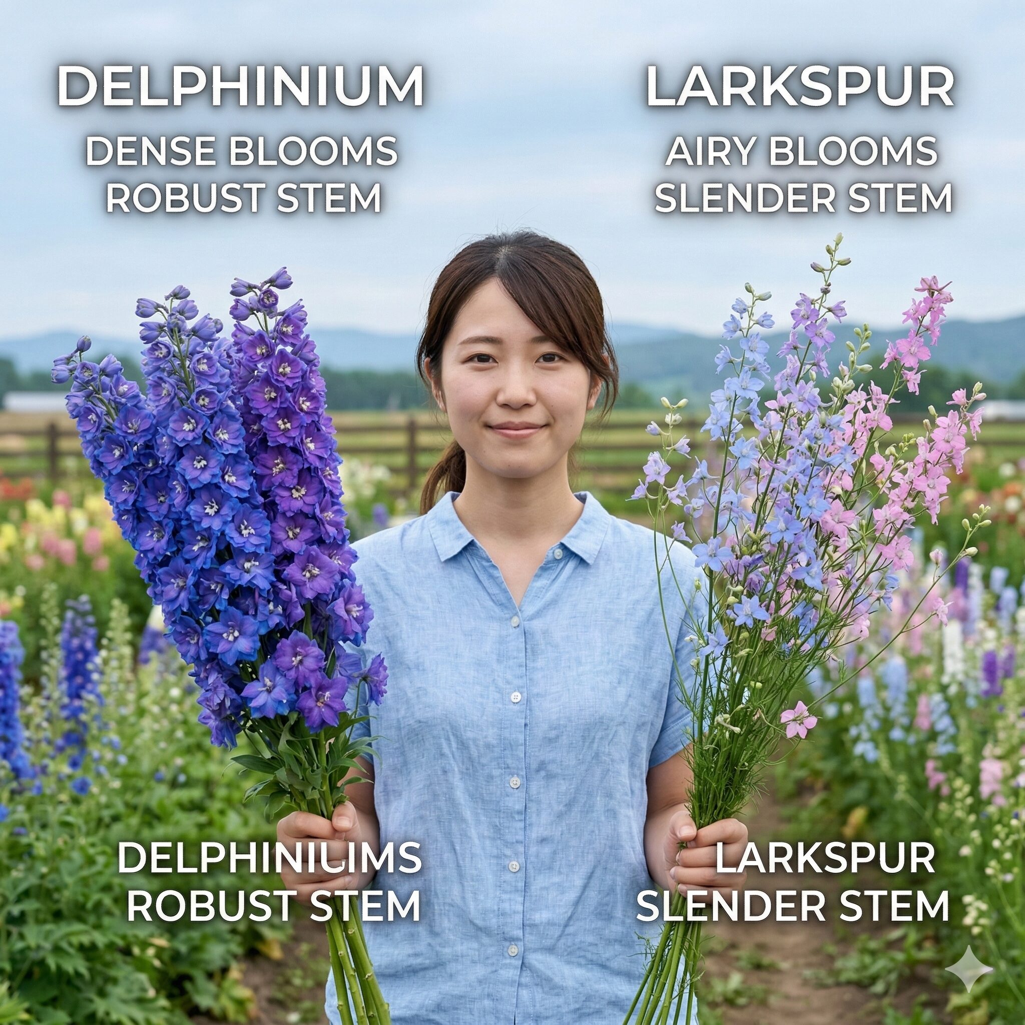 デルフィニウム に似た花2　デルフィニウムとラークスパー（チドリソウ）の花の付き方とボリューム感の比較画像