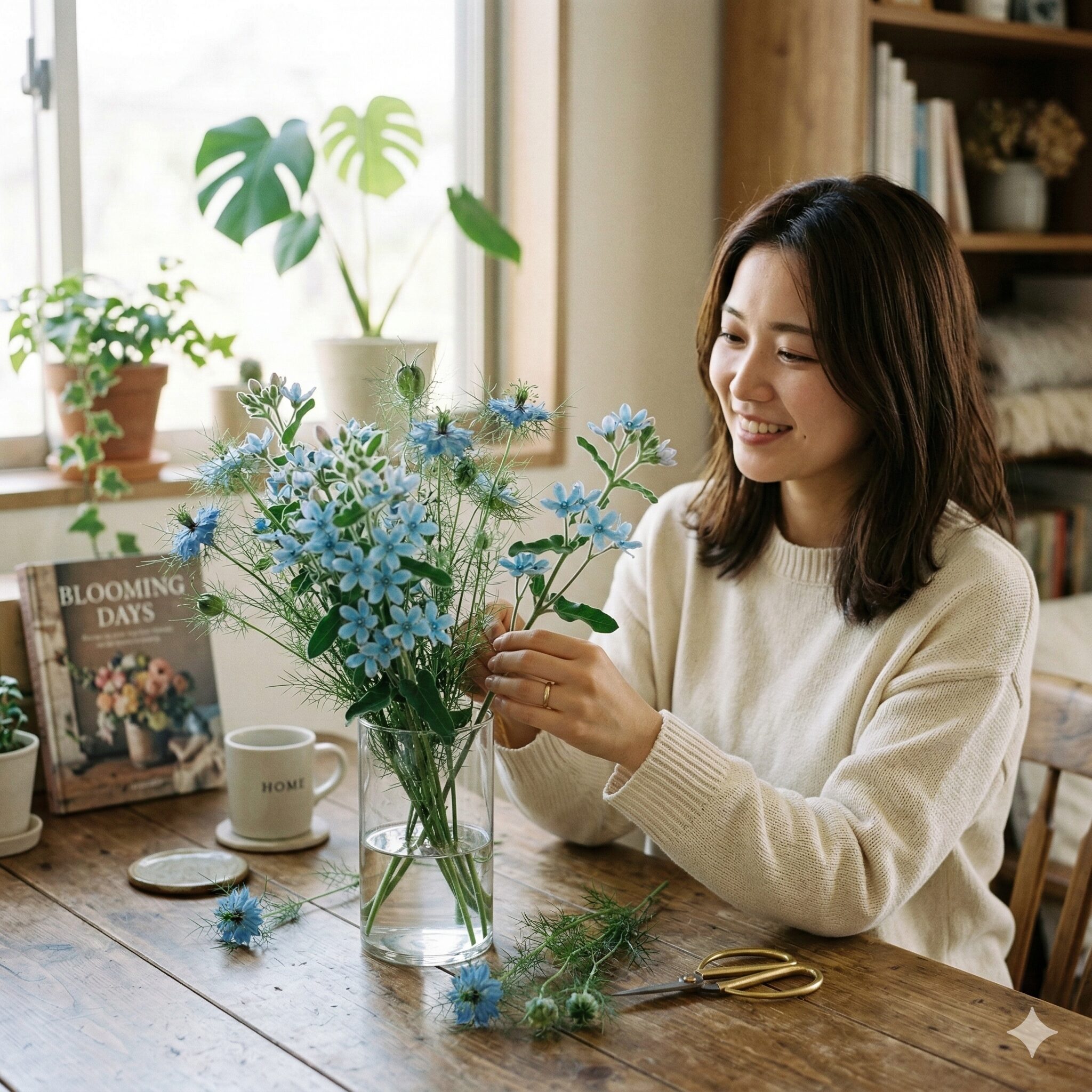 デルフィニウム に似た花5　テーブルに飾られた切り花のブルースターとニゲラの爽やかなフラワーアレンジメント