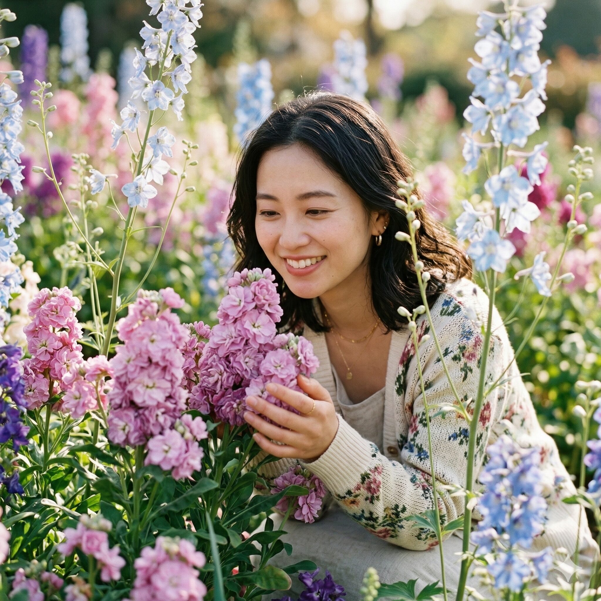 デルフィニウム に似た花6　八重咲きのモコモコとした質感が特徴的な春のストックの花