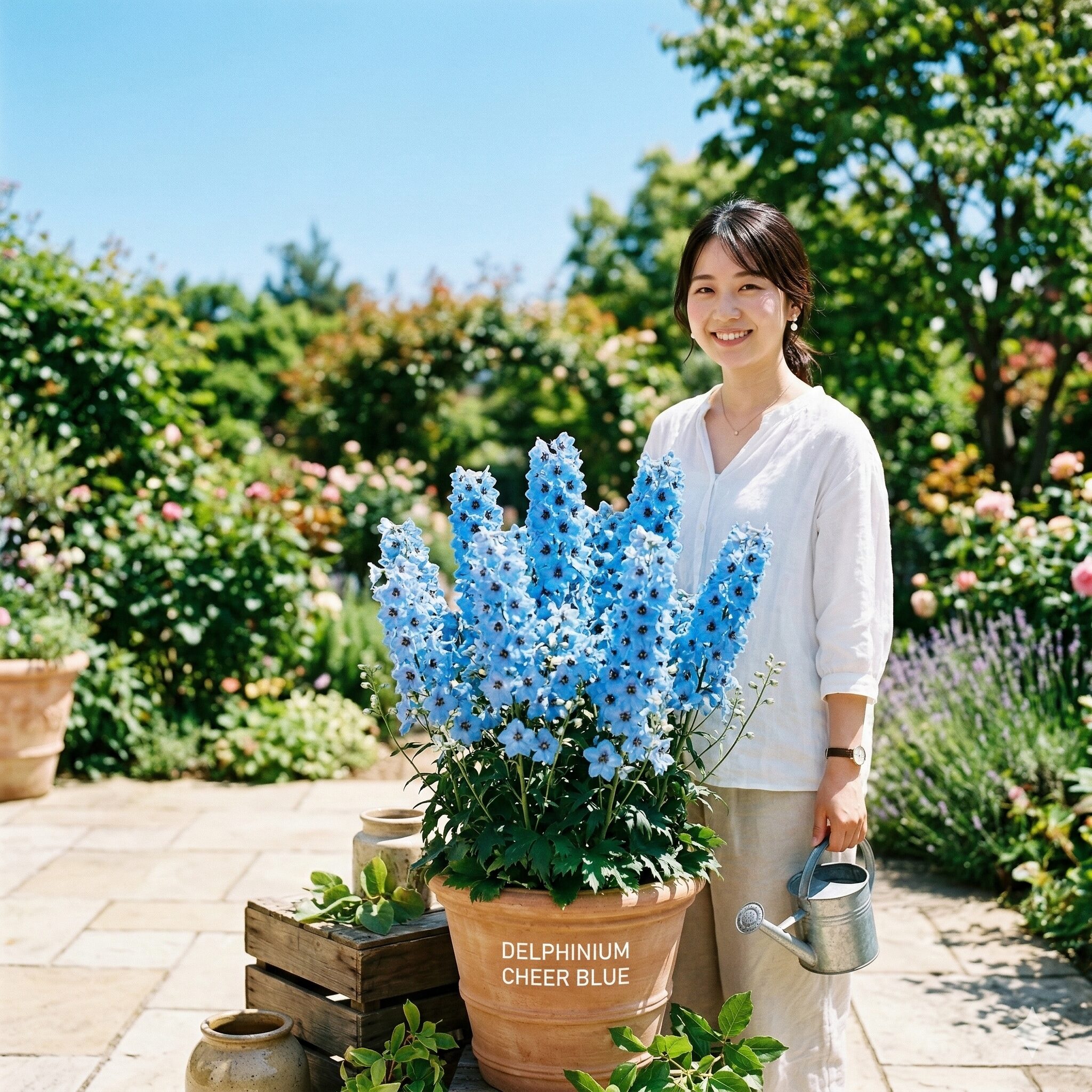 デルフィニウム チアブルー 育て方1　澄み切った青空の下、満開になったデルフィニウム チアブルーの鉢植え。