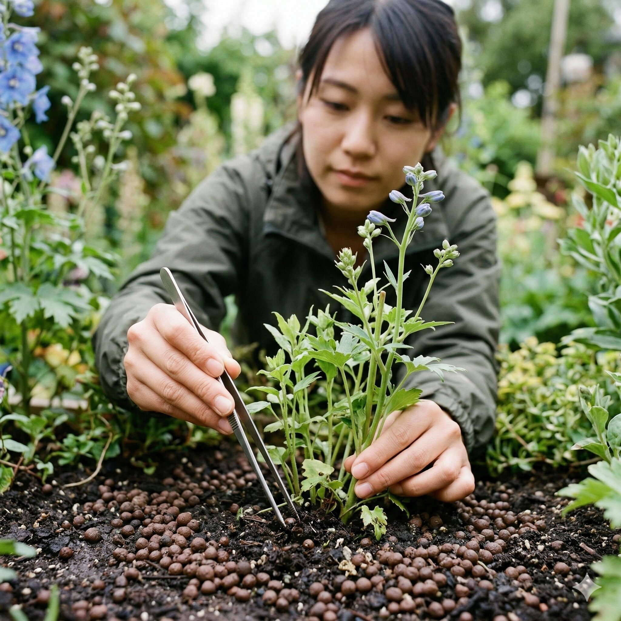 デルフィニウム チアブルー 育て方 デルフィニウム チアブルーの新芽や蕾をナメクジから守るため、株元に撒かれた忌避剤。
