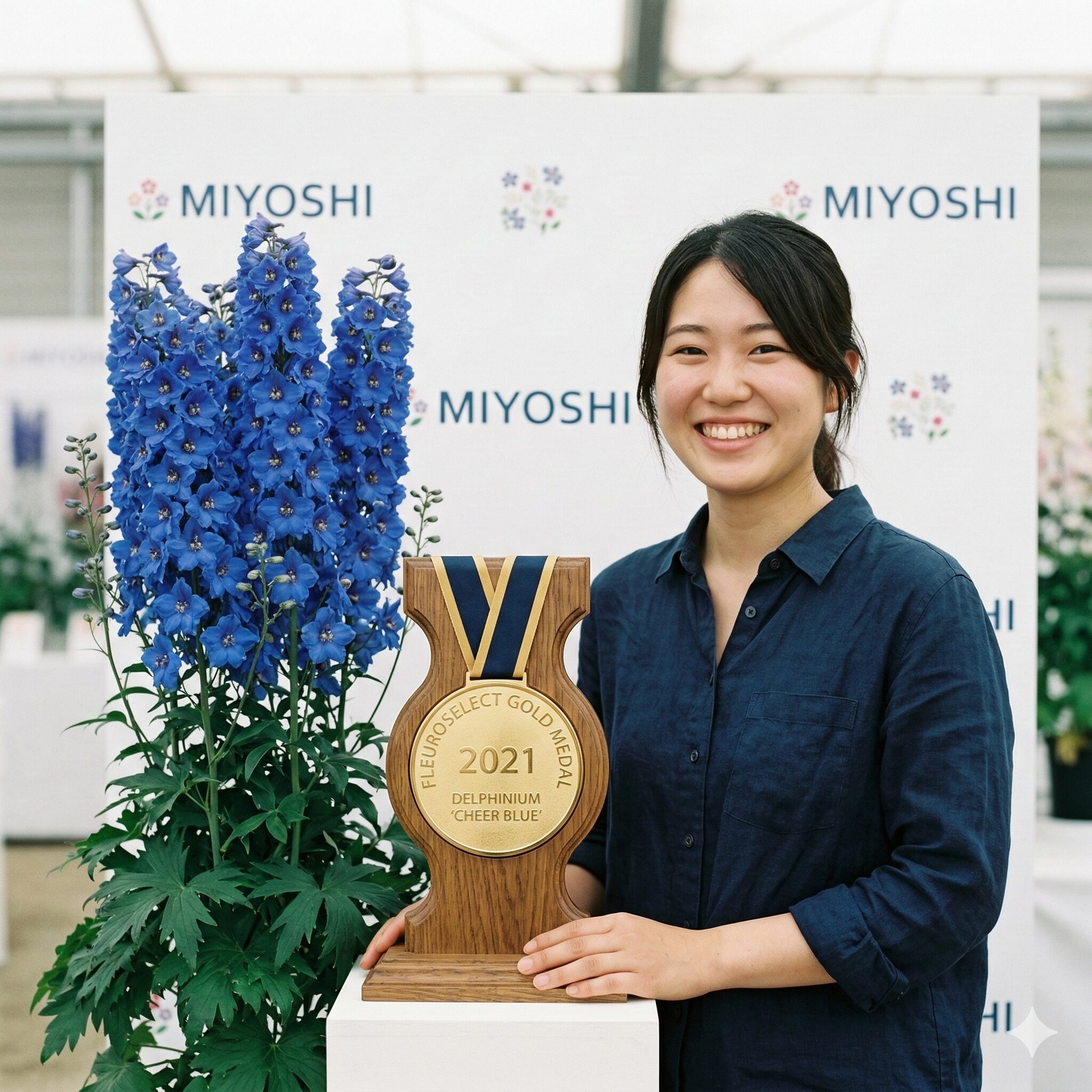 デルフィニウム チアブルー 育て方2 フロロセレクト2021でゴールドメダルを受賞したことを示す金メダルと、デルフィニウム チアブルー。