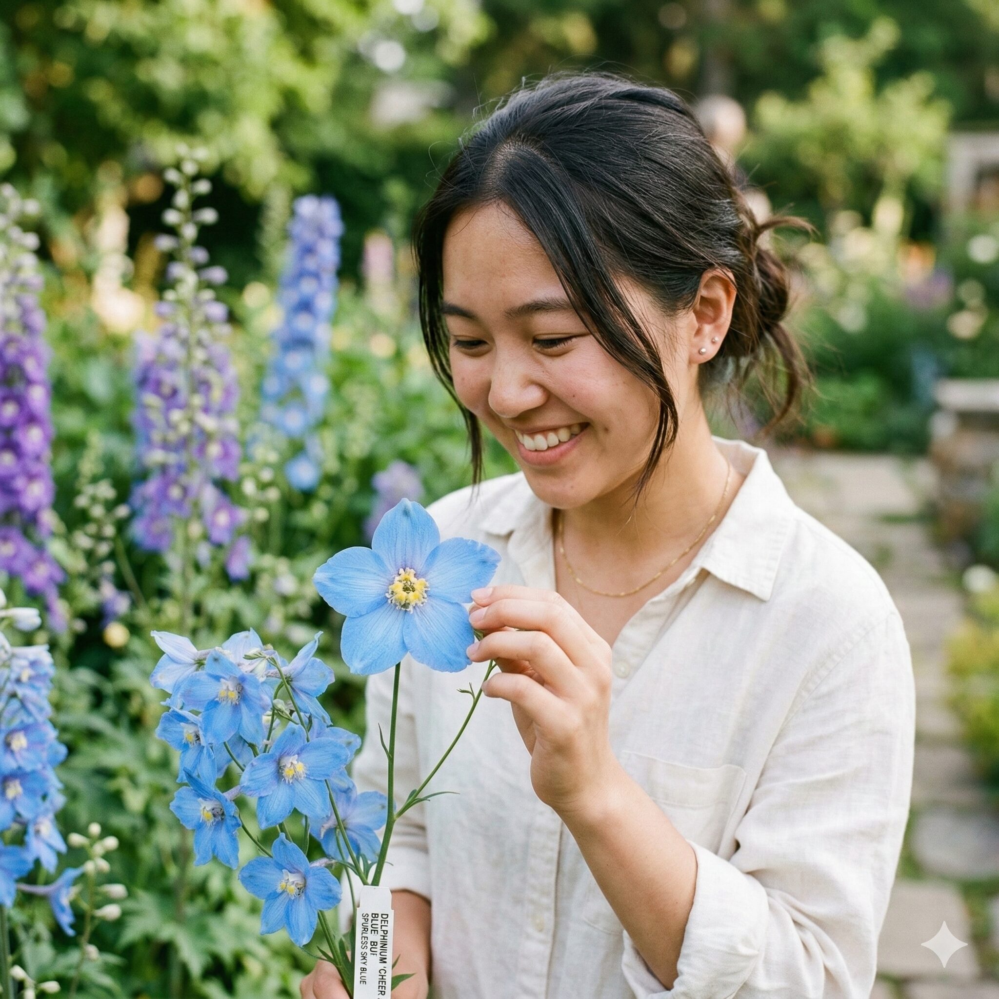 デルフィニウム チアブルー 育て方3 距(きょ)がなく、すべての花弁が完全に上向きに開花しているデルフィニウム チアブルーの花のアップ。