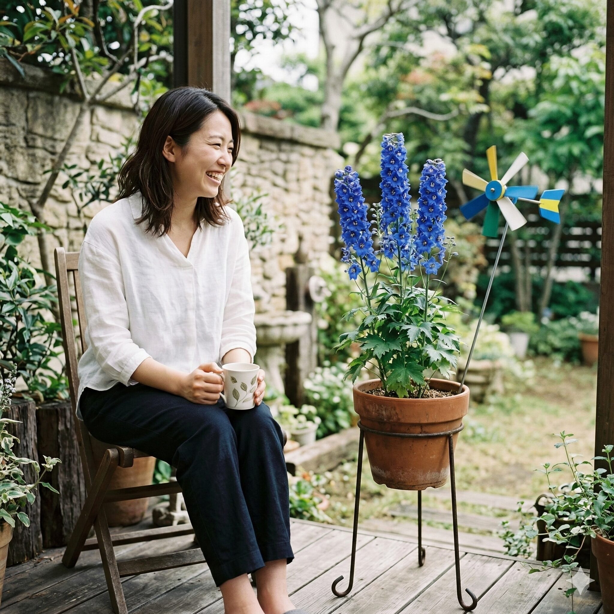 デルフィニウム チアブルー 育て方 風通しを確保するため、シンプルなアイアン製スタンドに乗せられたデルフィニウム チアブルーのテラコッタ鉢。