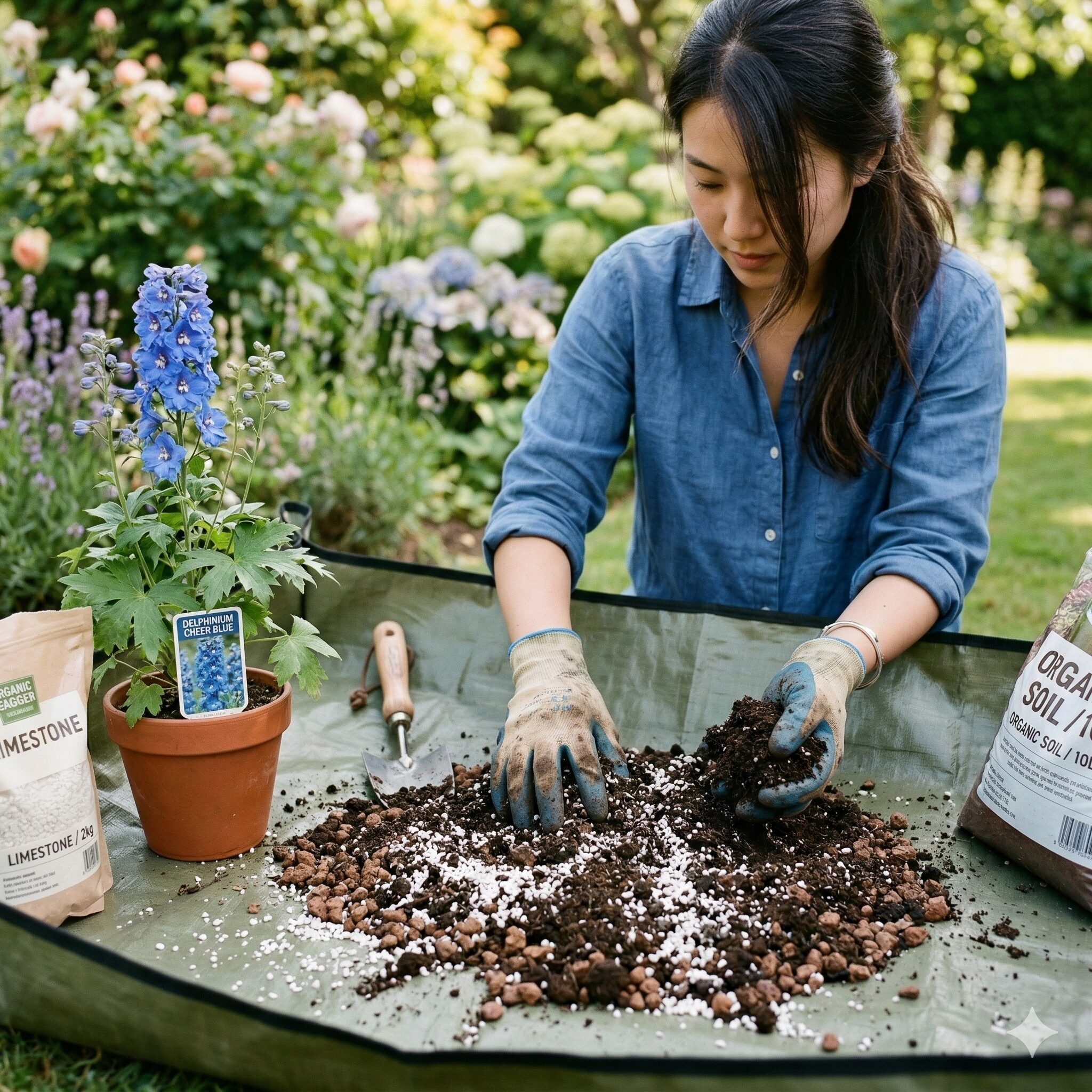 デルフィニウム チアブルー 育て方5 デルフィニウム チアブルーの植え付け前に、土壌の酸度調整のために苦土石灰を撒いている手元の様子。