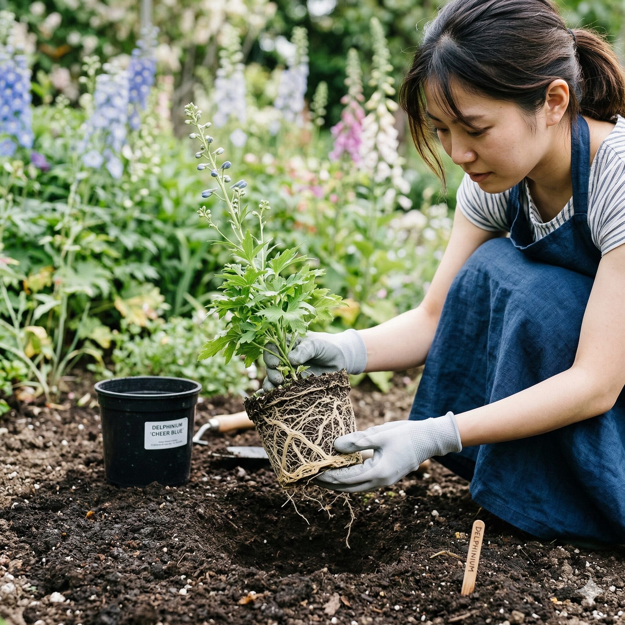 デルフィニウム チアブルー 育て方6 直根性のデルフィニウム チアブルーの苗を、根鉢を崩さずに慎重に植え穴へ入れる手元の様子。