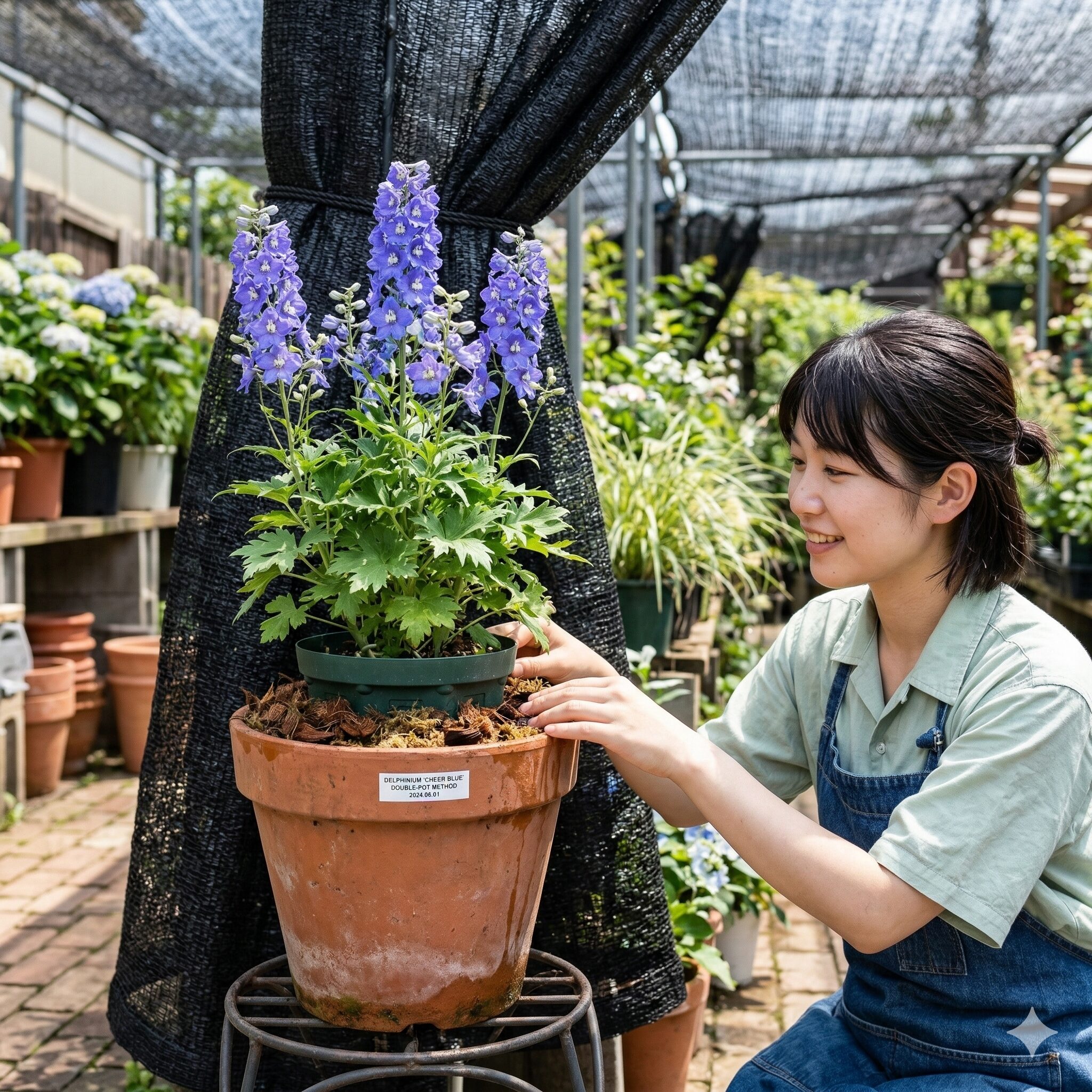 デルフィニウム チアブルー 育て方8 日本の猛暑からデルフィニウム チアブルーの根を守るため、鉢を一回り大きな鉢に入れる「二重鉢」の様子。
