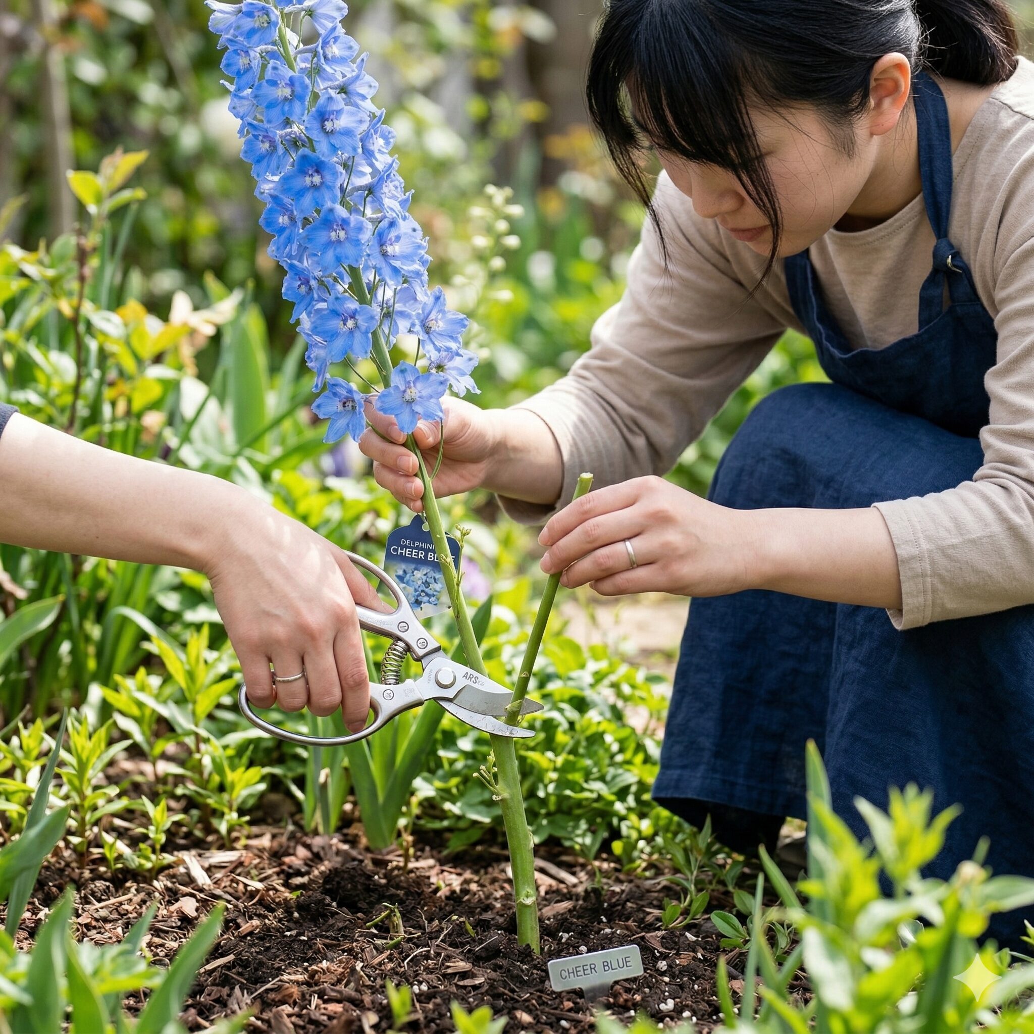デルフィニウム チアブルー 育て方9 一番花の開花後に、秋の再開花を促すためにデルフィニウム チアブルーの茎を株元から10cmで切り戻す様子。