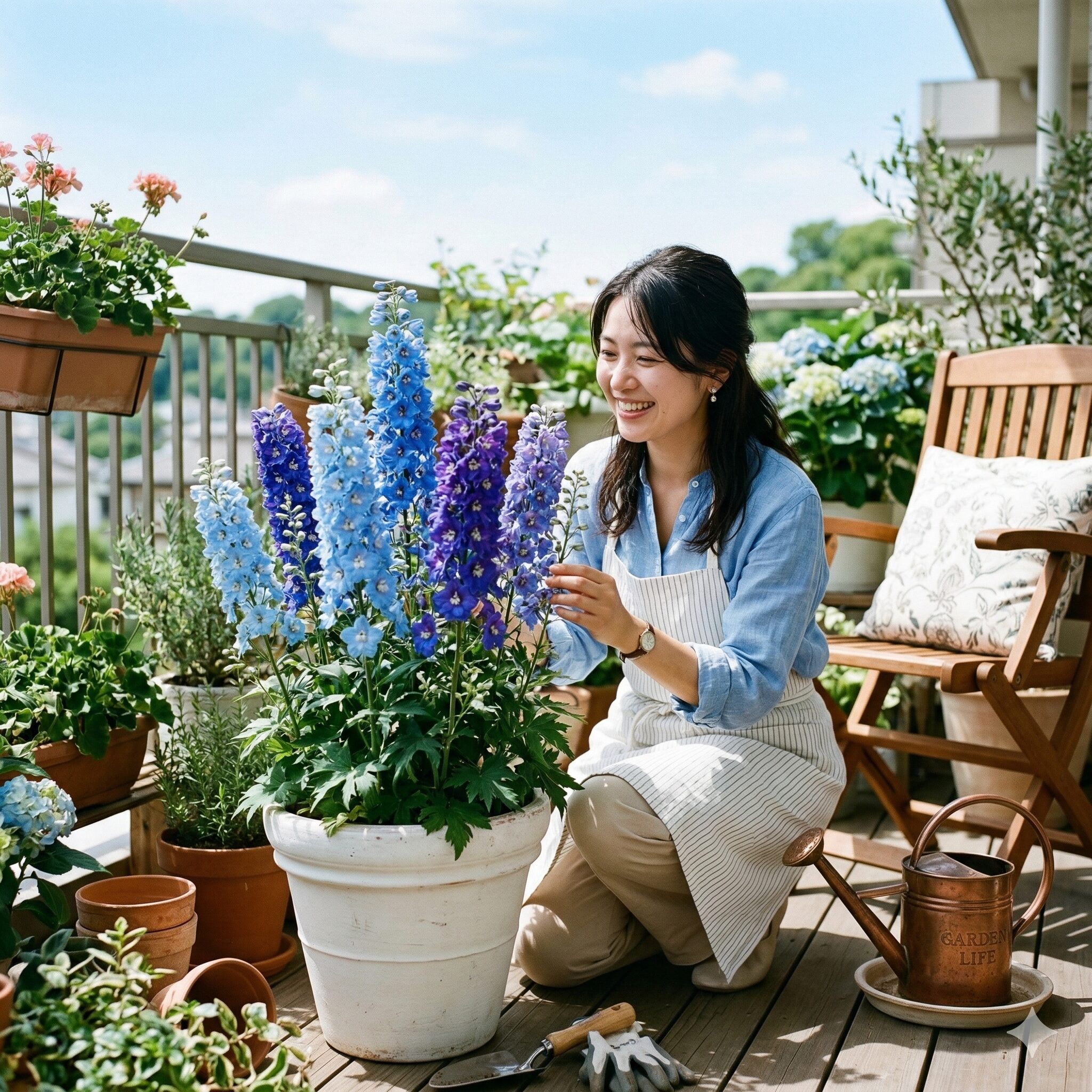 デルフィニウム 育て方 鉢植え1　鉢植えで垂直に美しく咲き誇る青いデルフィニウムのアイキャッチ画像