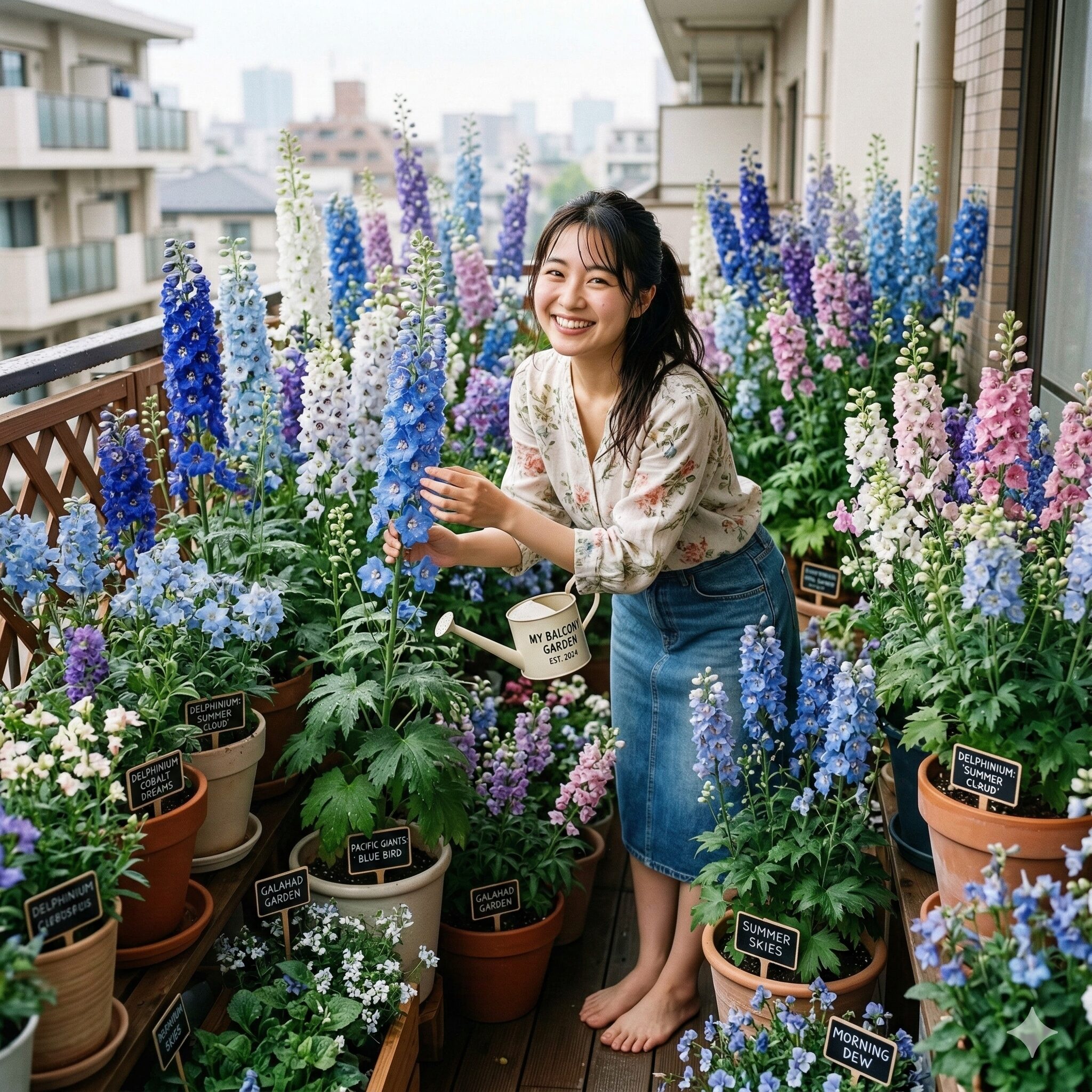 デルフィニウム 育て方 鉢植え10　鉢植え栽培で大成功を収めた満開のデルフィニウムの風景