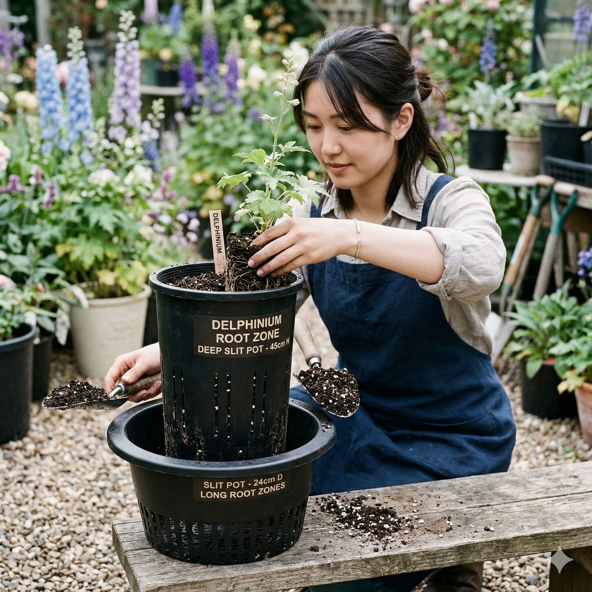デルフィニウム 育て方 鉢植え3　デルフィニウムの根を深く張らせるためのロングポットとスリット鉢