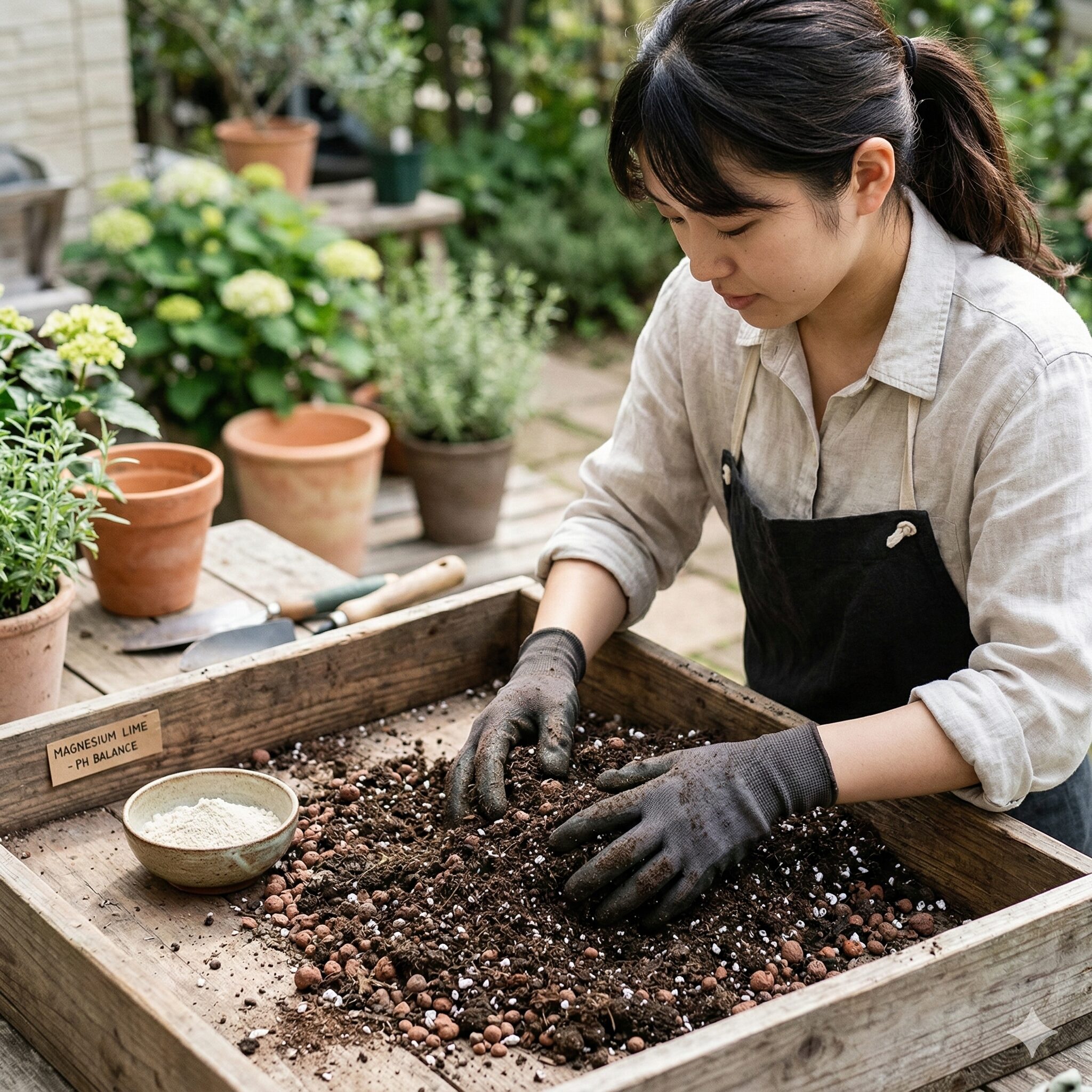 デルフィニウム 育て方 鉢植え4　デルフィニウムに最適な赤玉土ベースの配合土と苦土石灰でのpH調整