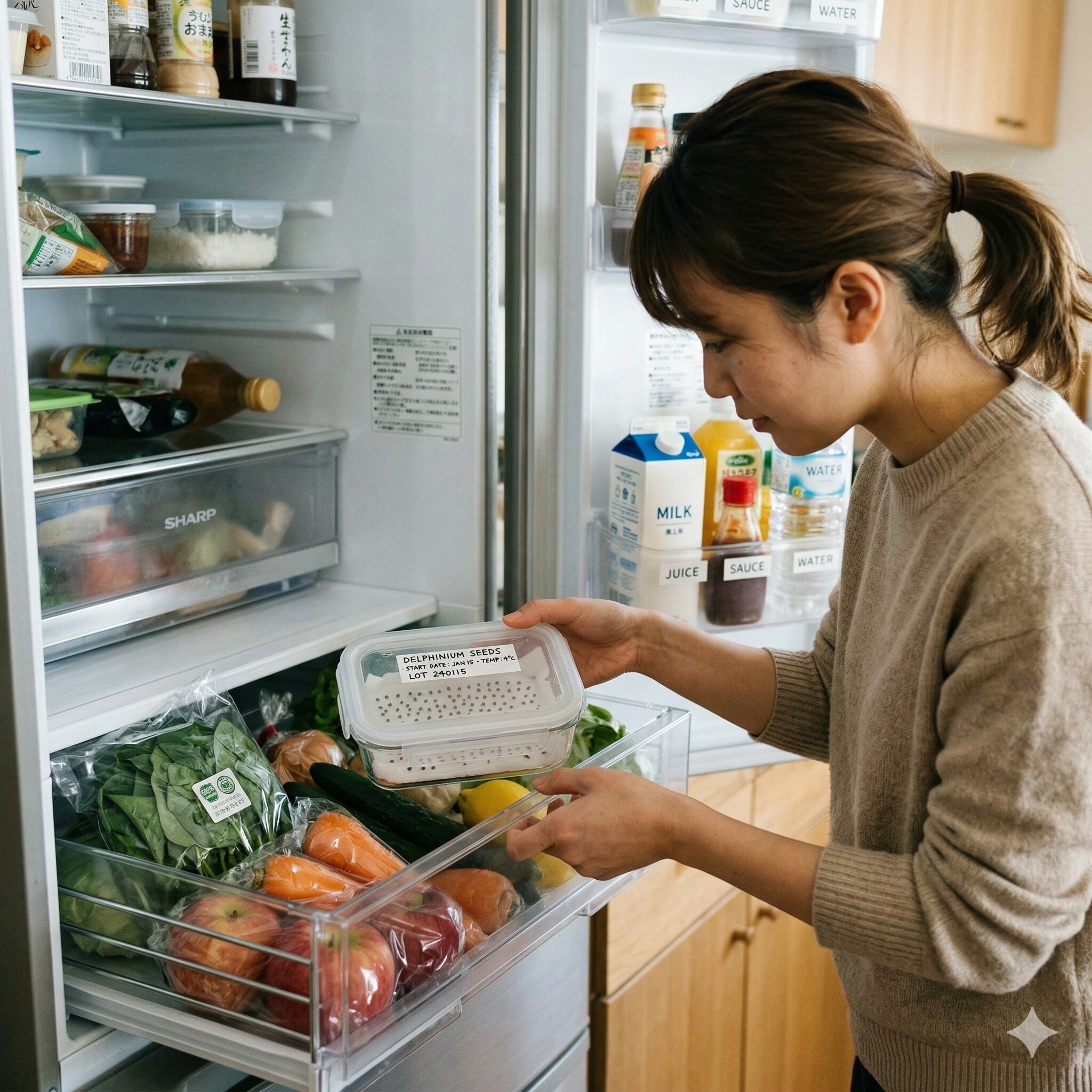 デルフィニウム 育て方 鉢植え5　デルフィニウムの休眠を打破するために冷蔵庫で低温処理される種