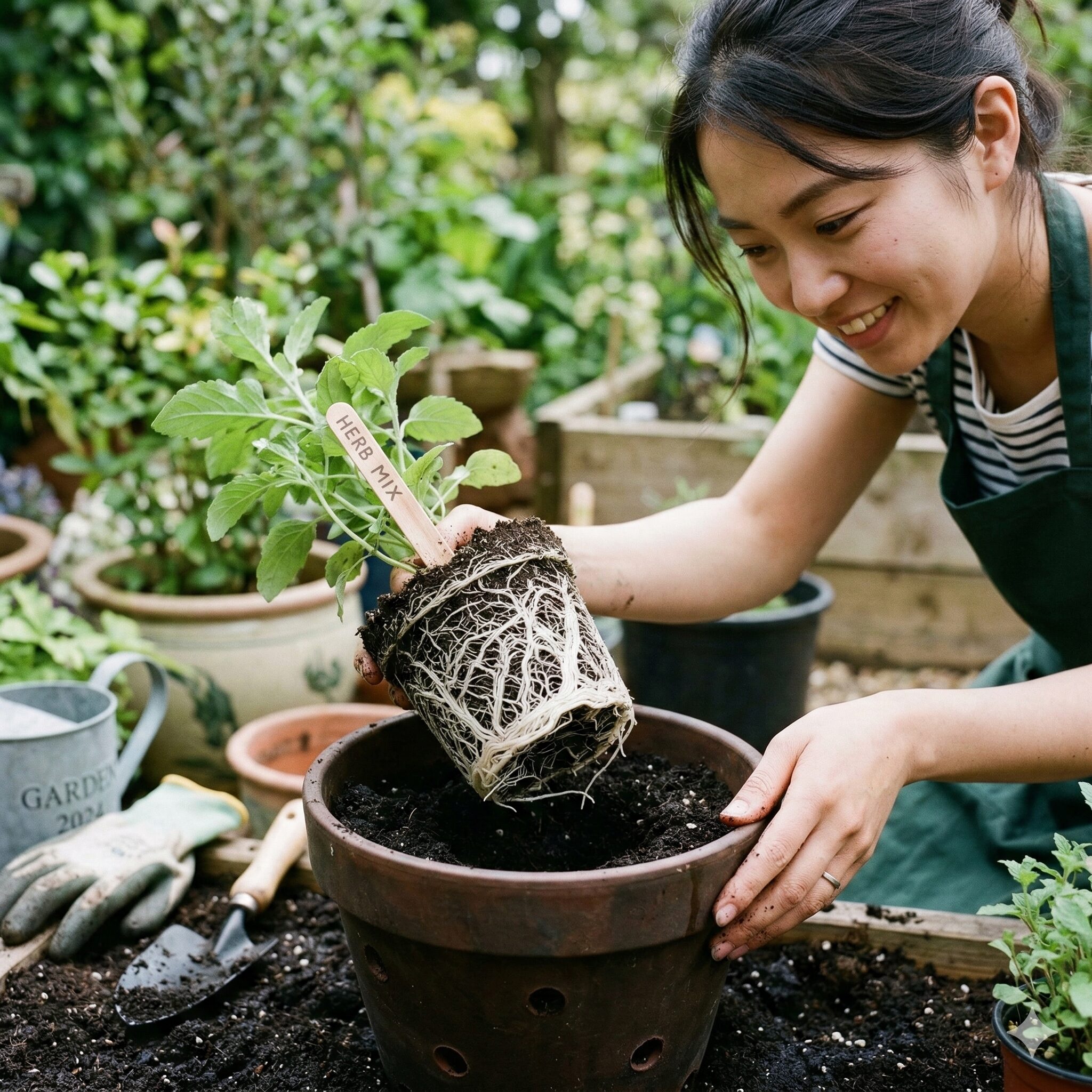 デルフィニウム 育て方 鉢植え6　デルフィニウムの根鉢を崩さずに丁寧に行う定植作業の様子