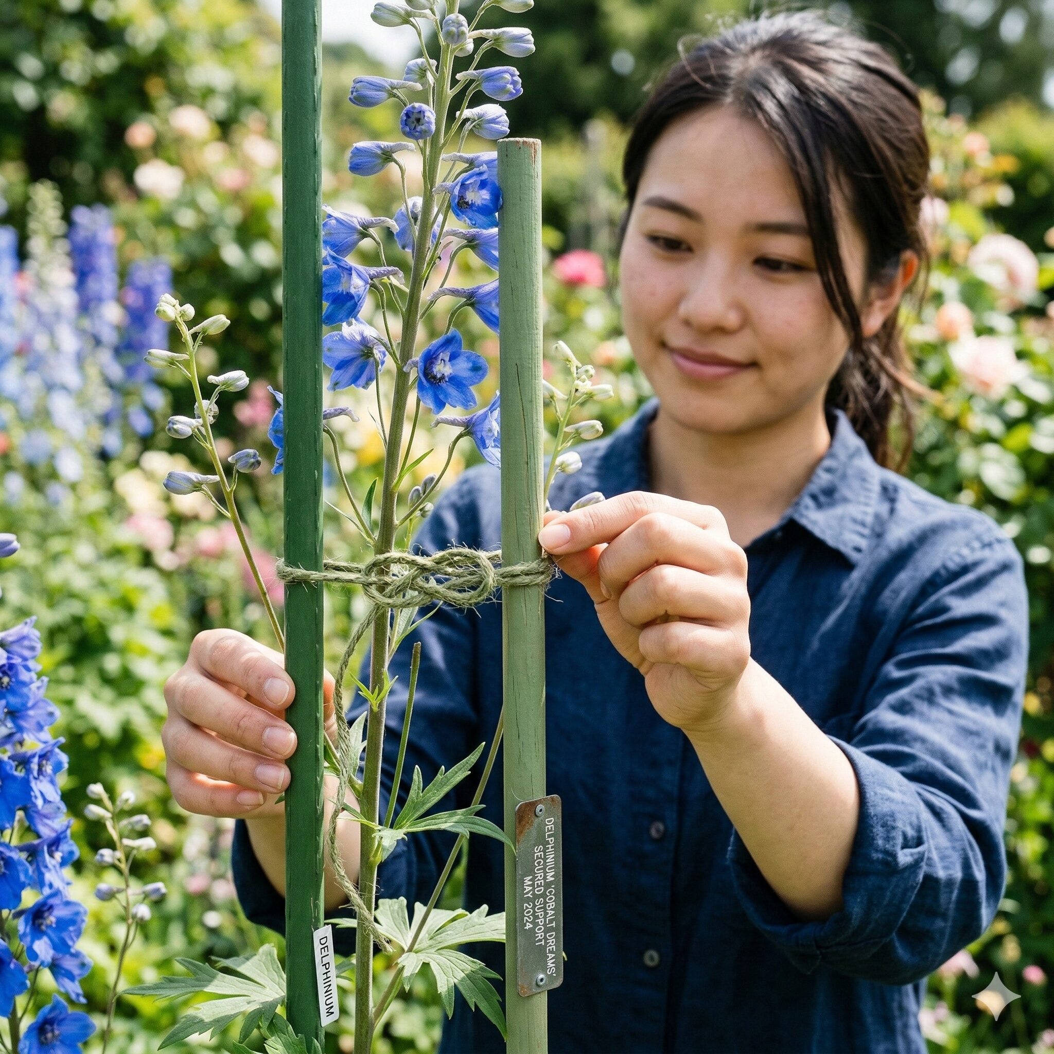デルフィニウム 育て方 鉢植え7　デルフィニウムの茎を保護するための8の字結びによる支柱固定