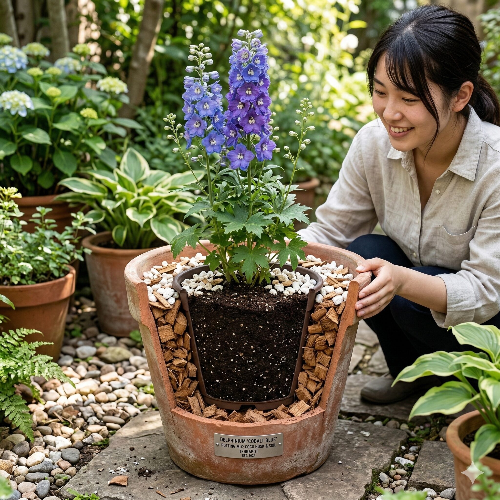 デルフィニウム 育て方 鉢植え9　デルフィニウムの根を熱から守る二重鉢の断熱テクニック