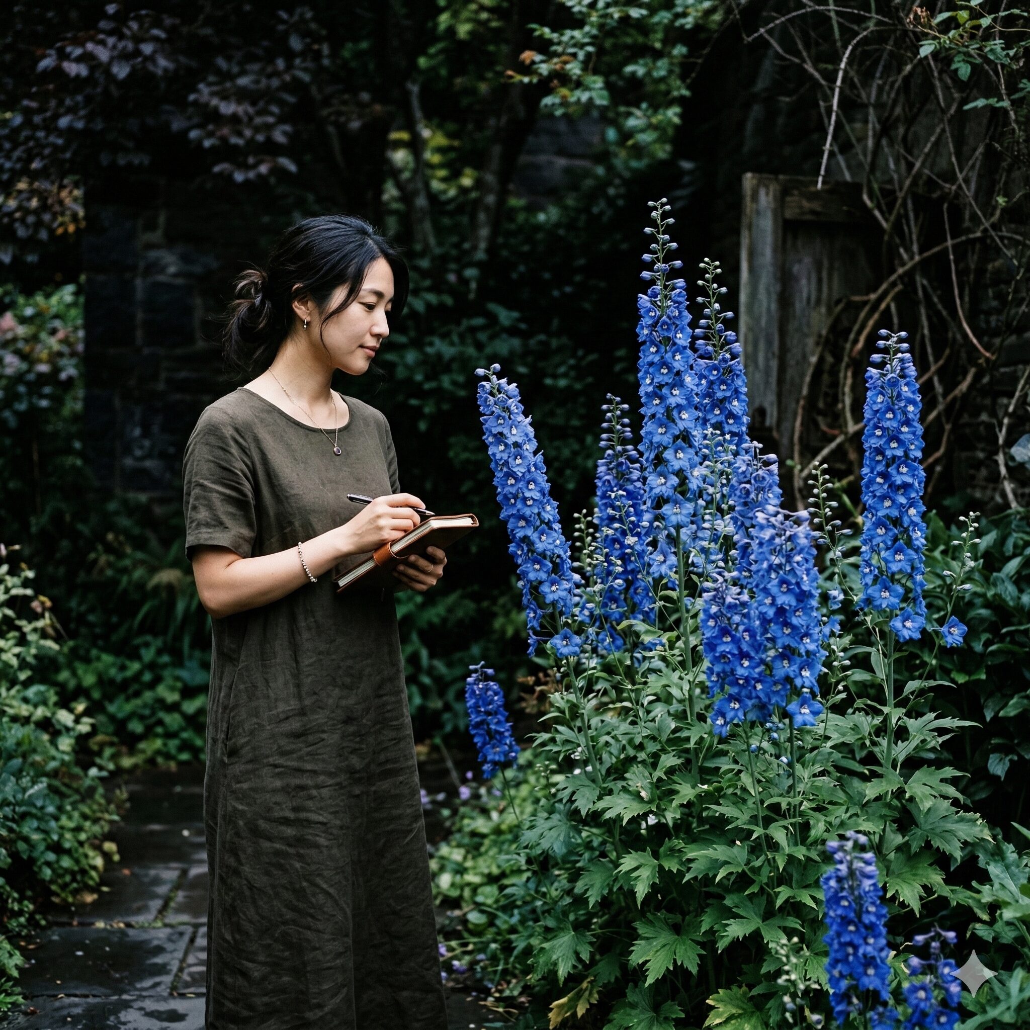 デルフィニウム 花言葉 怖い1　澄んだ青色のデルフィニウムの花穂。光と影が織りなす神秘的で少し怖い雰囲気。