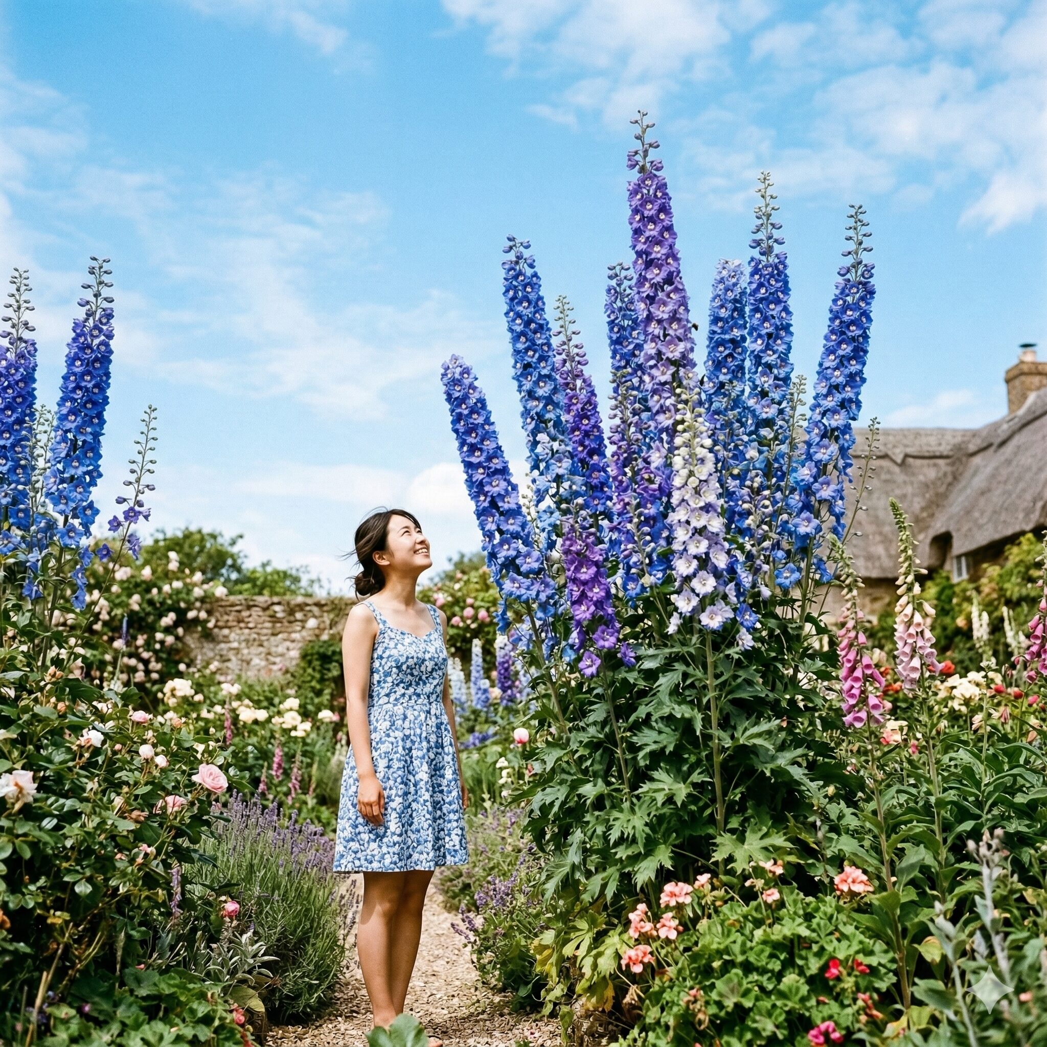 デルフィニウム 花言葉 怖い2 庭園で見上げるほど背が高いエラータム系のデルフィニウム。傲慢や尊大を象徴する威圧的な立ち姿。