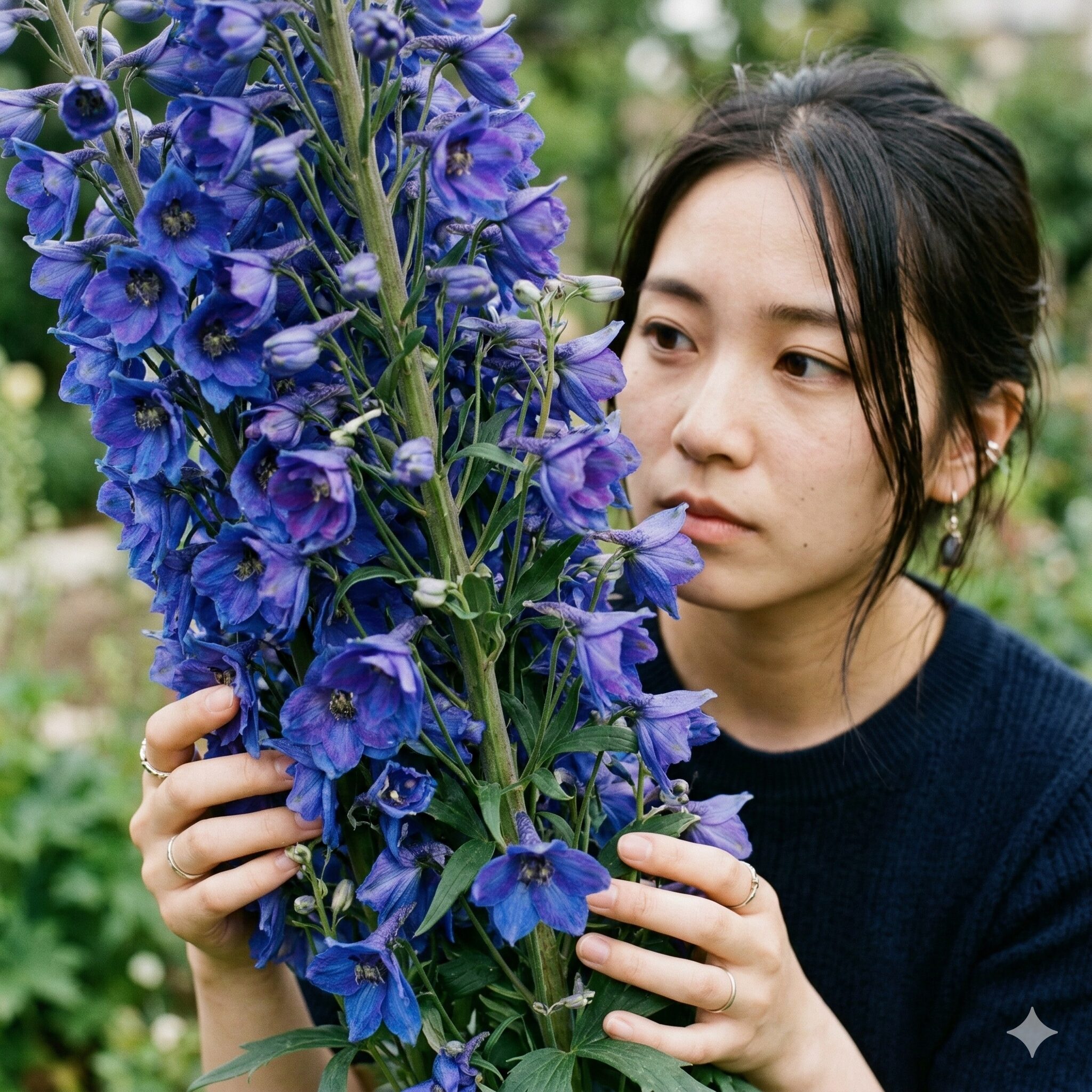 デルフィニウム 花言葉 怖い3 デルフィニウムの花穂のクローズアップ。花が茎にぎっしりと密集し、激しい愛着や執着を思わせる。