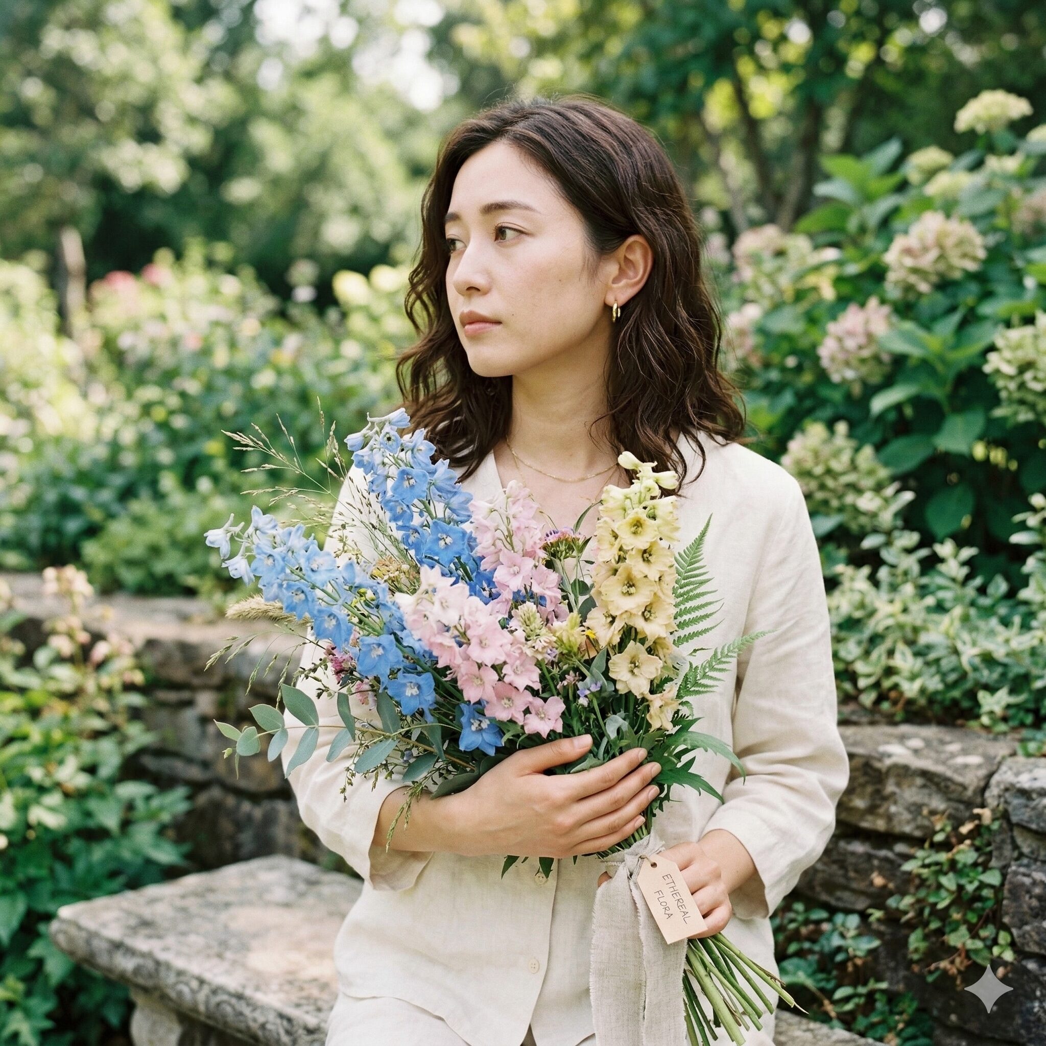 デルフィニウム 花言葉 怖い4 青、ピンク、黄色のデルフィニウムが混在するブーケ。品種の多様性と移り気な性質。