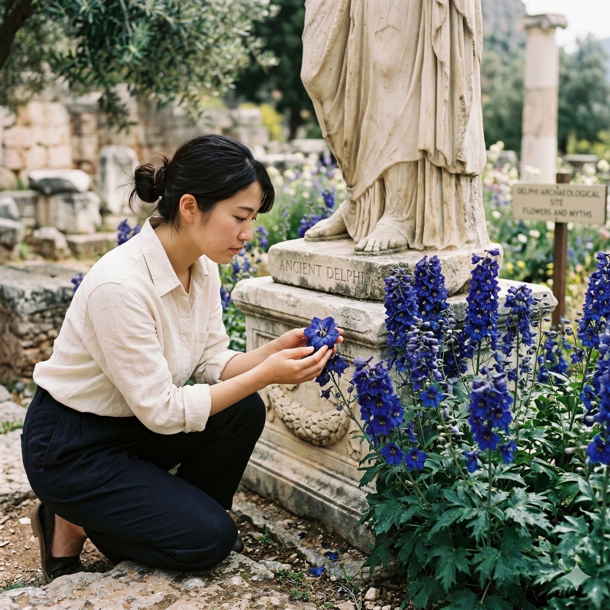 デルフィニウム 花言葉 怖い6 ギリシャ神話の英雄アヤックスの悲劇を象徴する、暗い青色のデルフィニウムと花弁の「Ai」の模様。