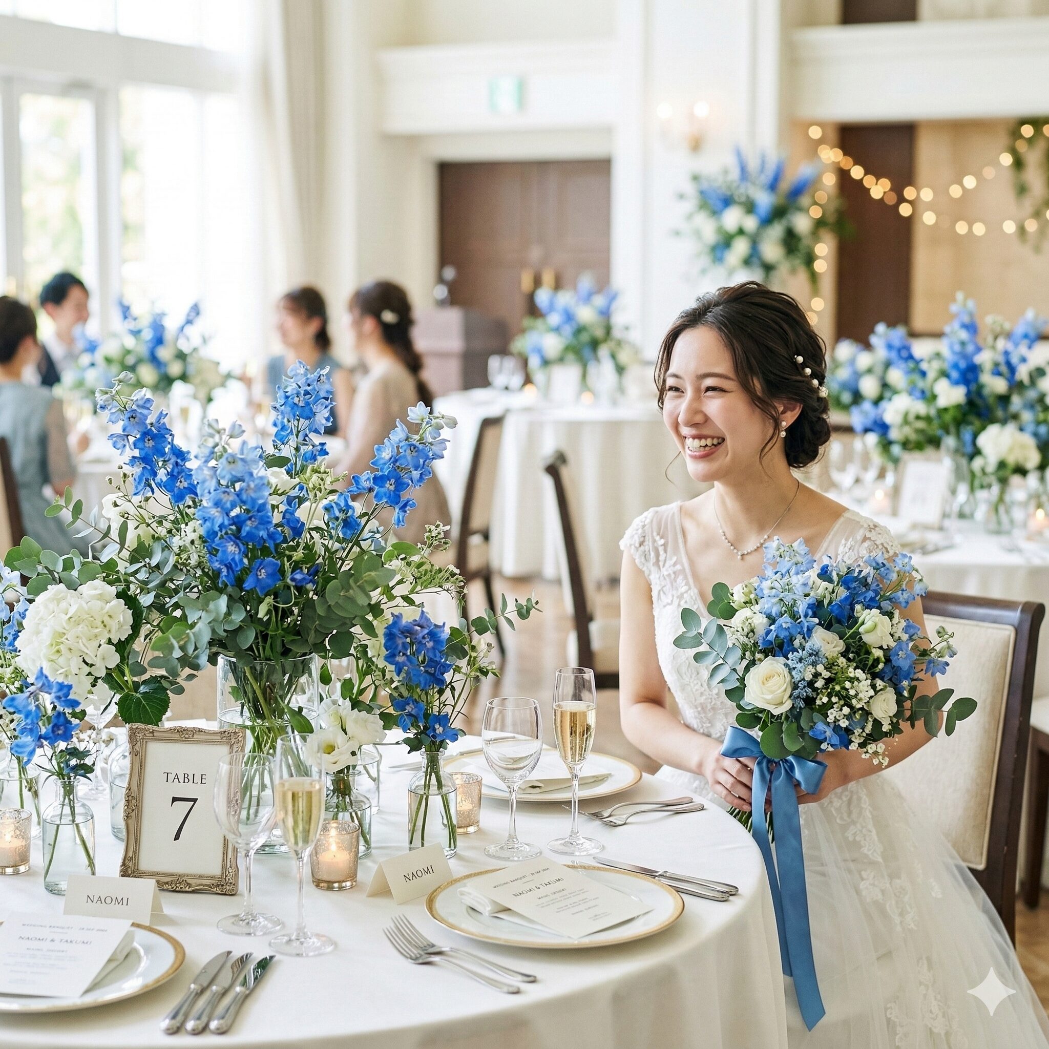 デルフィニウム 花言葉 怖い7 結婚式のサムシングブルーとして飾られた、澄んだ青色のデルフィニウム。幸福と誠実な愛。