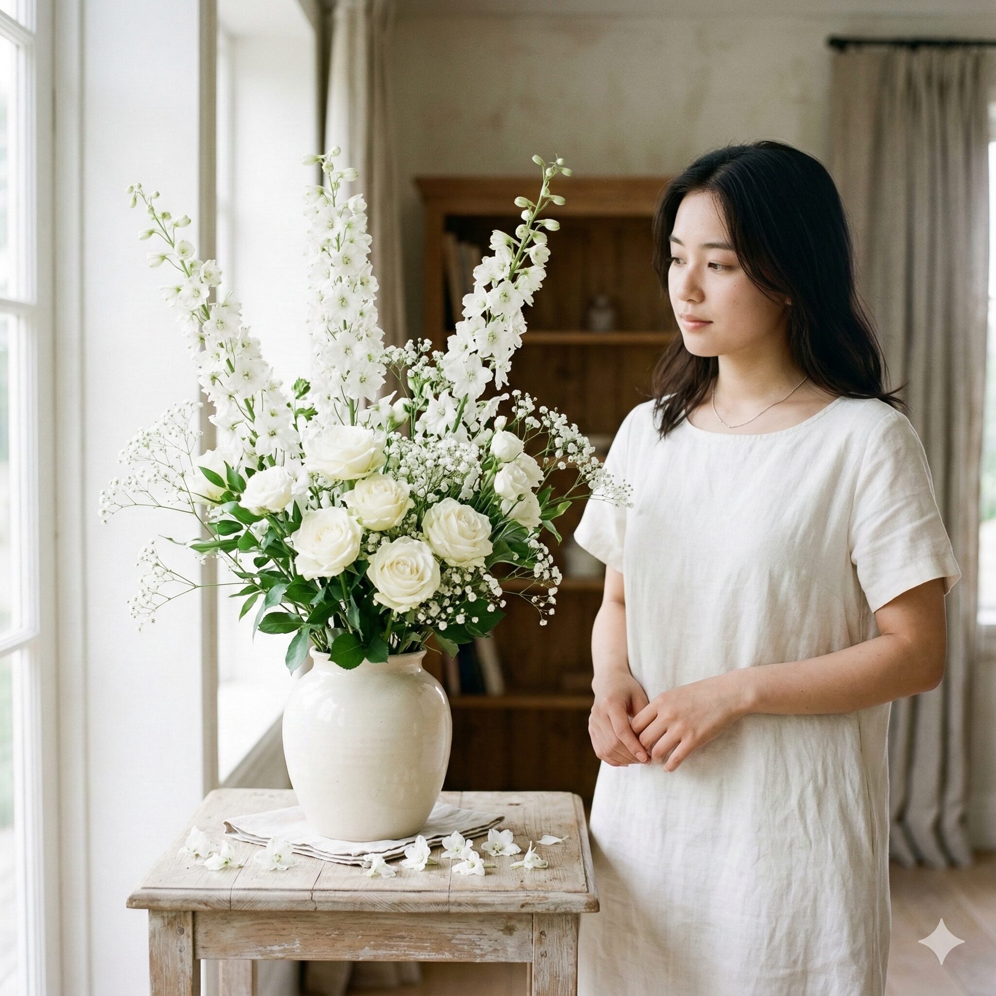 デルフィニウム 花言葉 怖い8 純白のデルフィニウムの花瓶差し。花言葉の「純粋」と、散りやすいはかなさ。