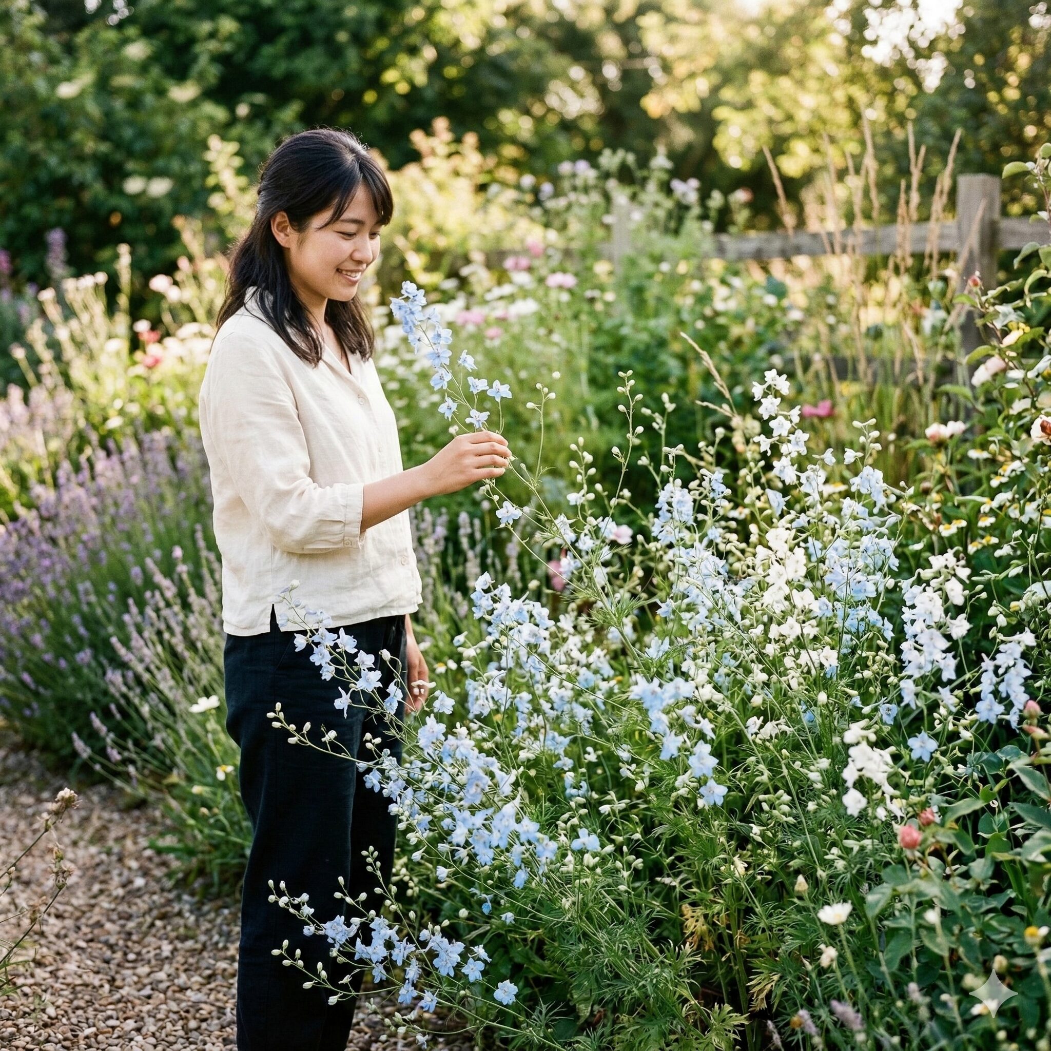 デルフィニウム 花言葉 怖い9 風に揺れるスプレー咲きのシネンシス系デルフィニウム。ナチュラルガーデンで自由に咲く様子。