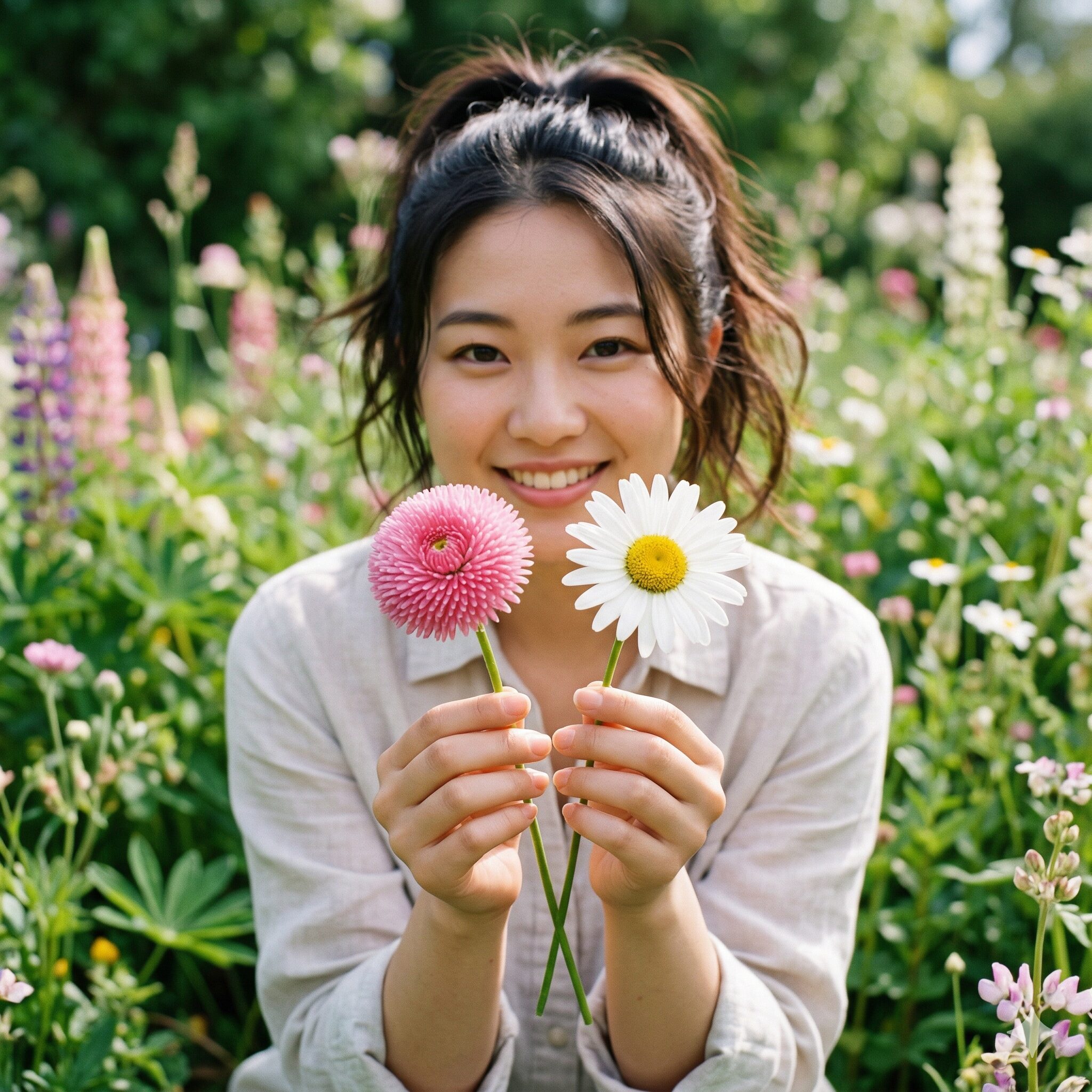 デージー と マーガレット の 違い1　デージーとマーガレットの花の形とサイズ感の違いを左右で比較した写真